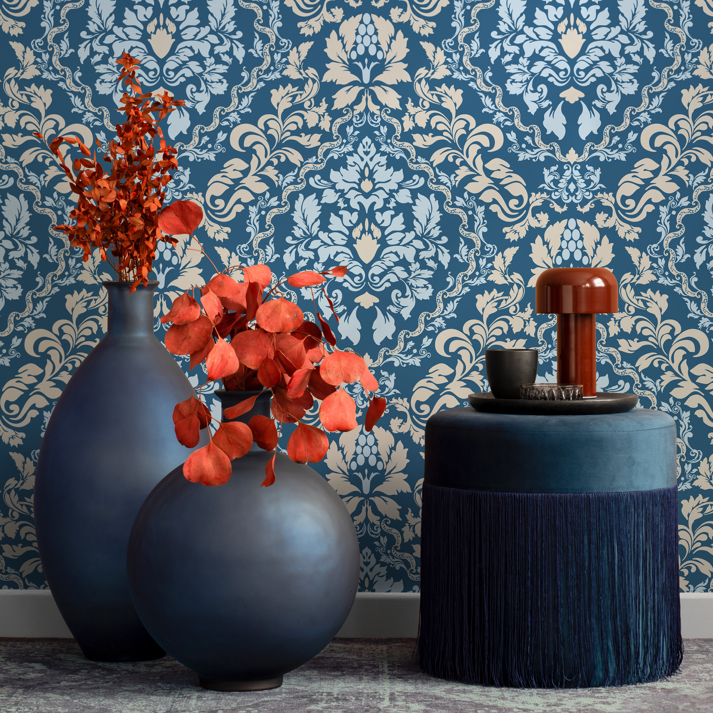Damask Wallpaper With A Classic Ornate Motif In Blue, Beige, And Light Blue - C269