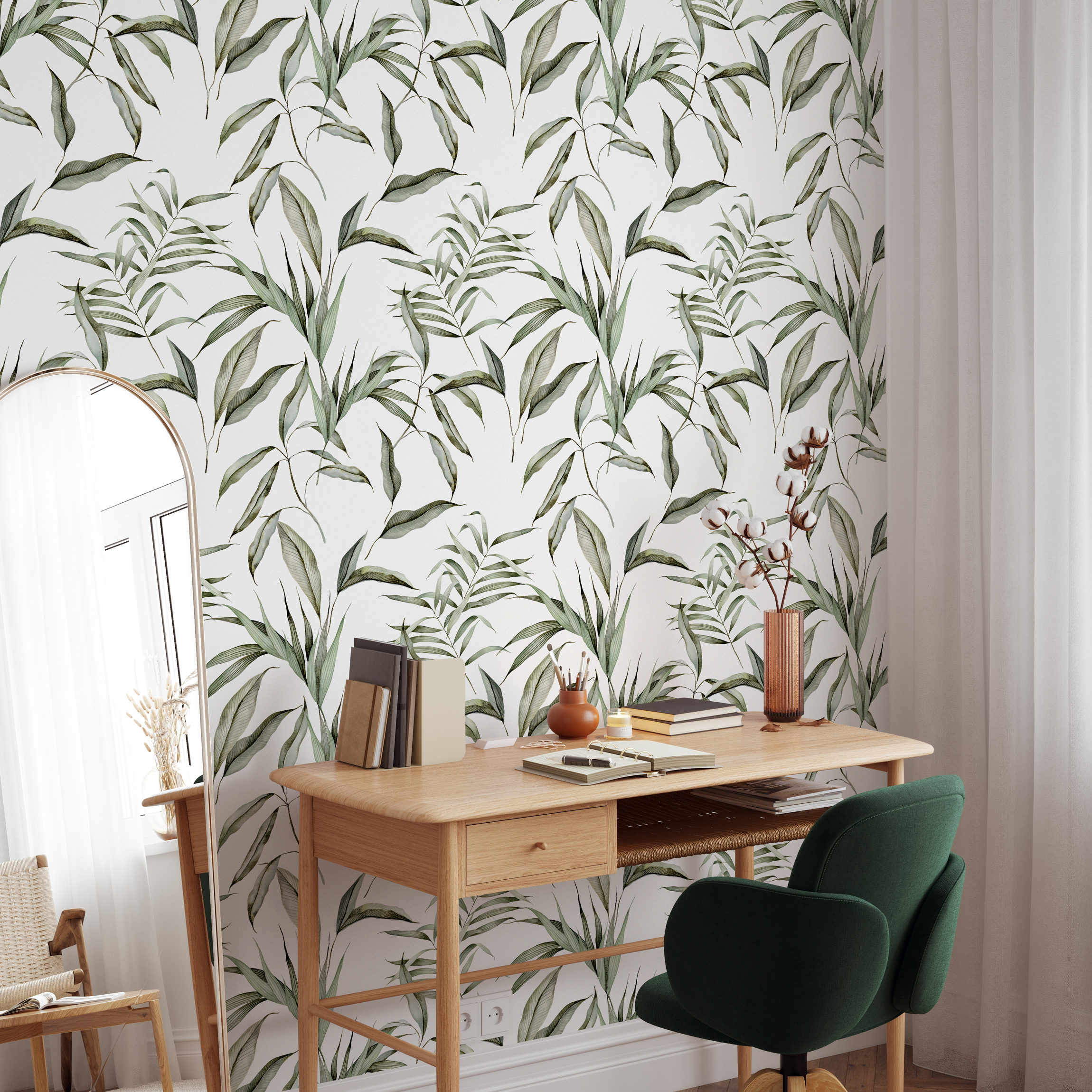 Botanical Wallpaper With Lush Greenery In Green - C271