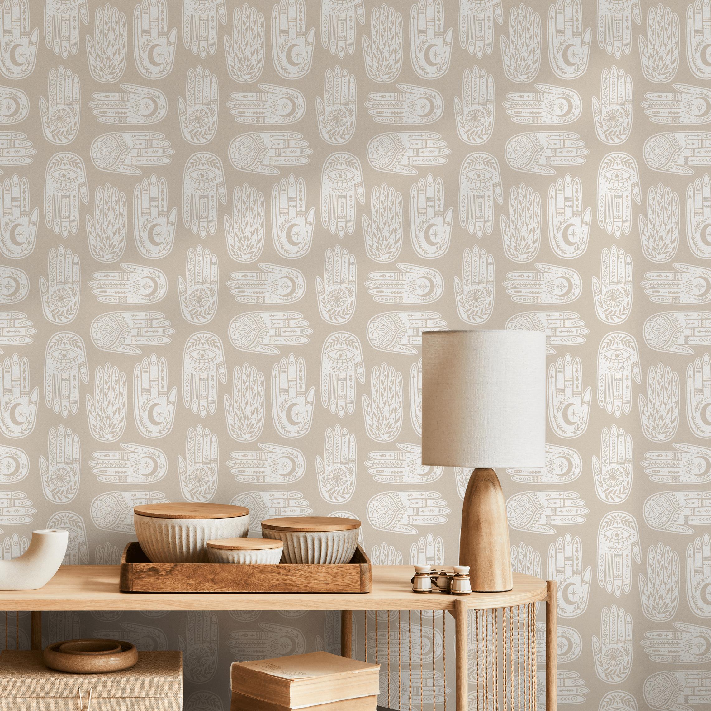 Bohemian Wallpaper Featuring Hamsa Hand Motifs In Beige And White - C273