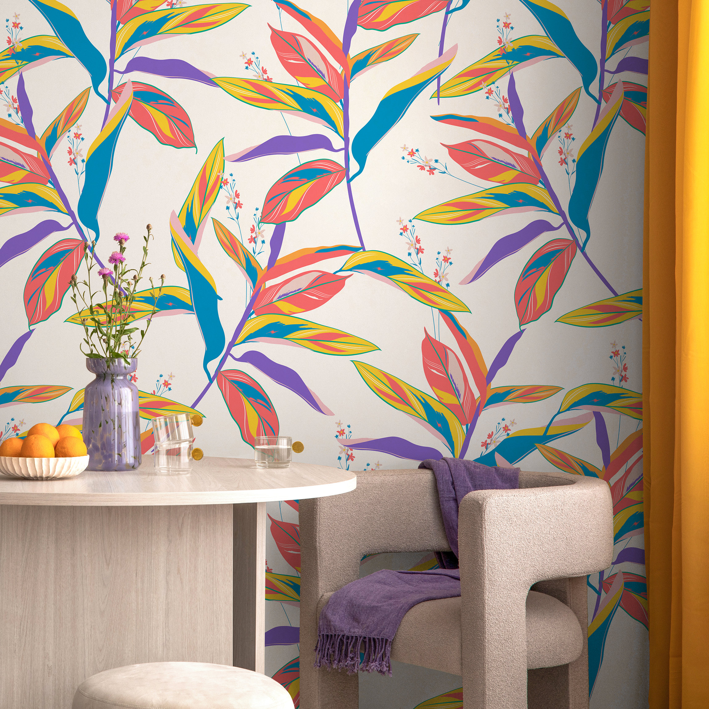 Botanical Wallpaper With Colorful Foliage In Blue, Yellow, And Pink - C274