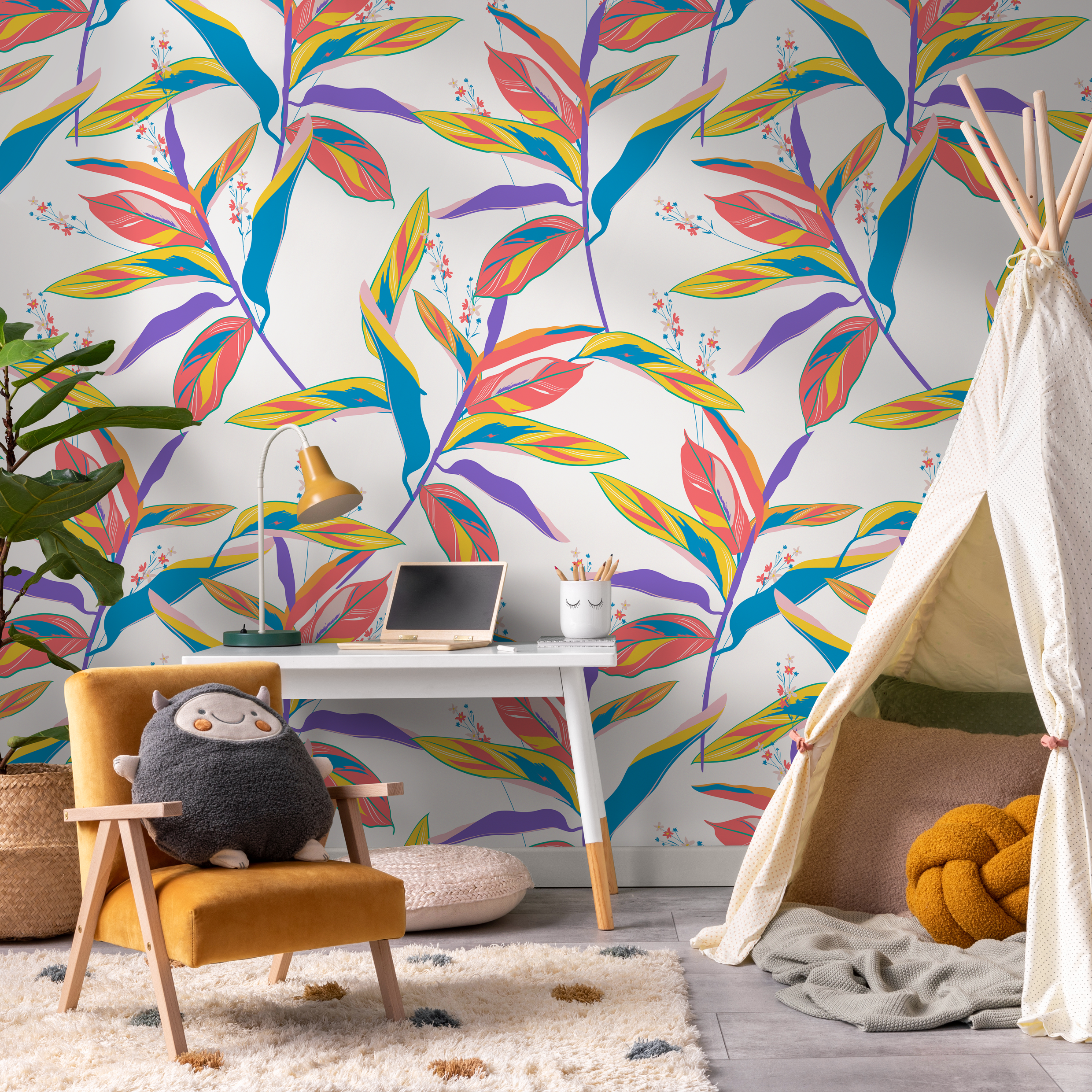 Botanical Wallpaper With Colorful Foliage In Blue, Yellow, And Pink - C274