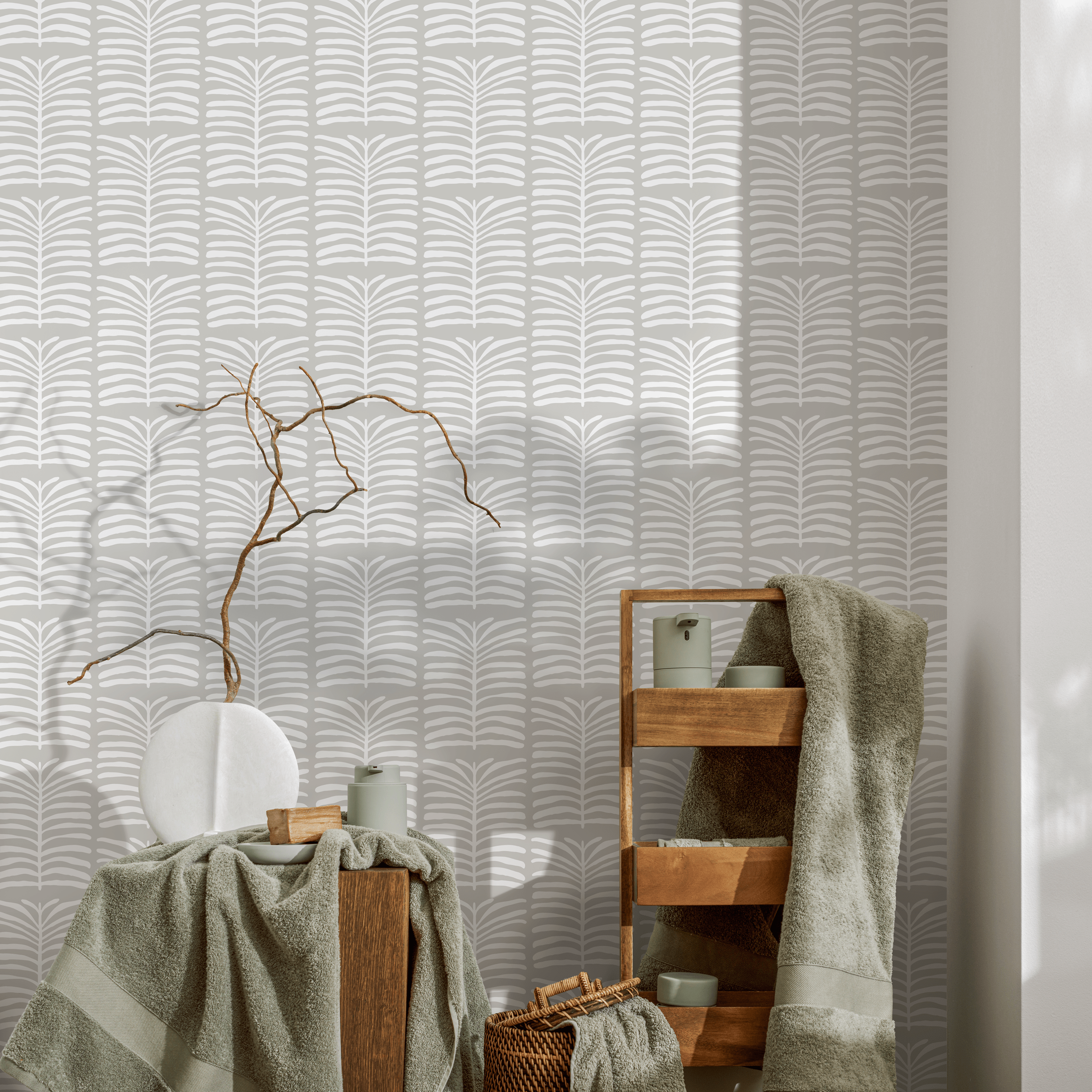 Botanical Wallpaper With A Stylized Leaf Motif In Grey And White - C275