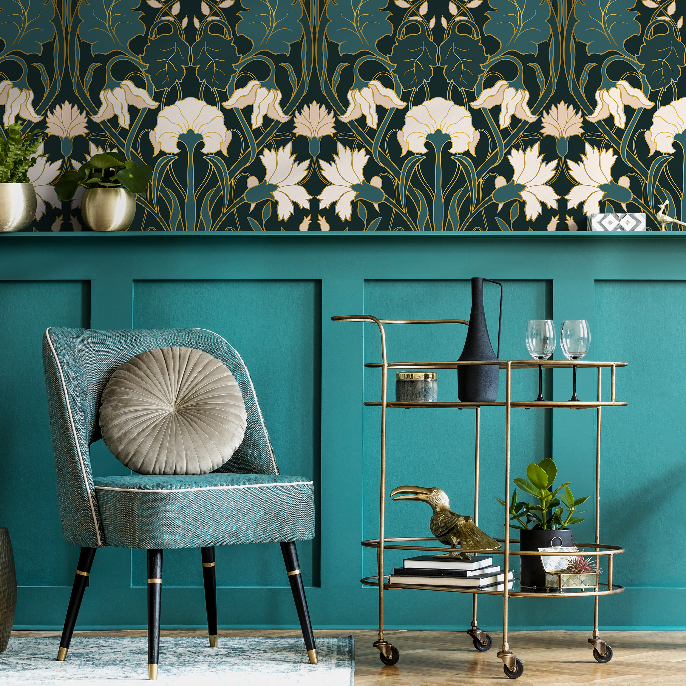 Art Nouveau Wallpaper With Stylized Florals In Green, Cream, And Gold - C281