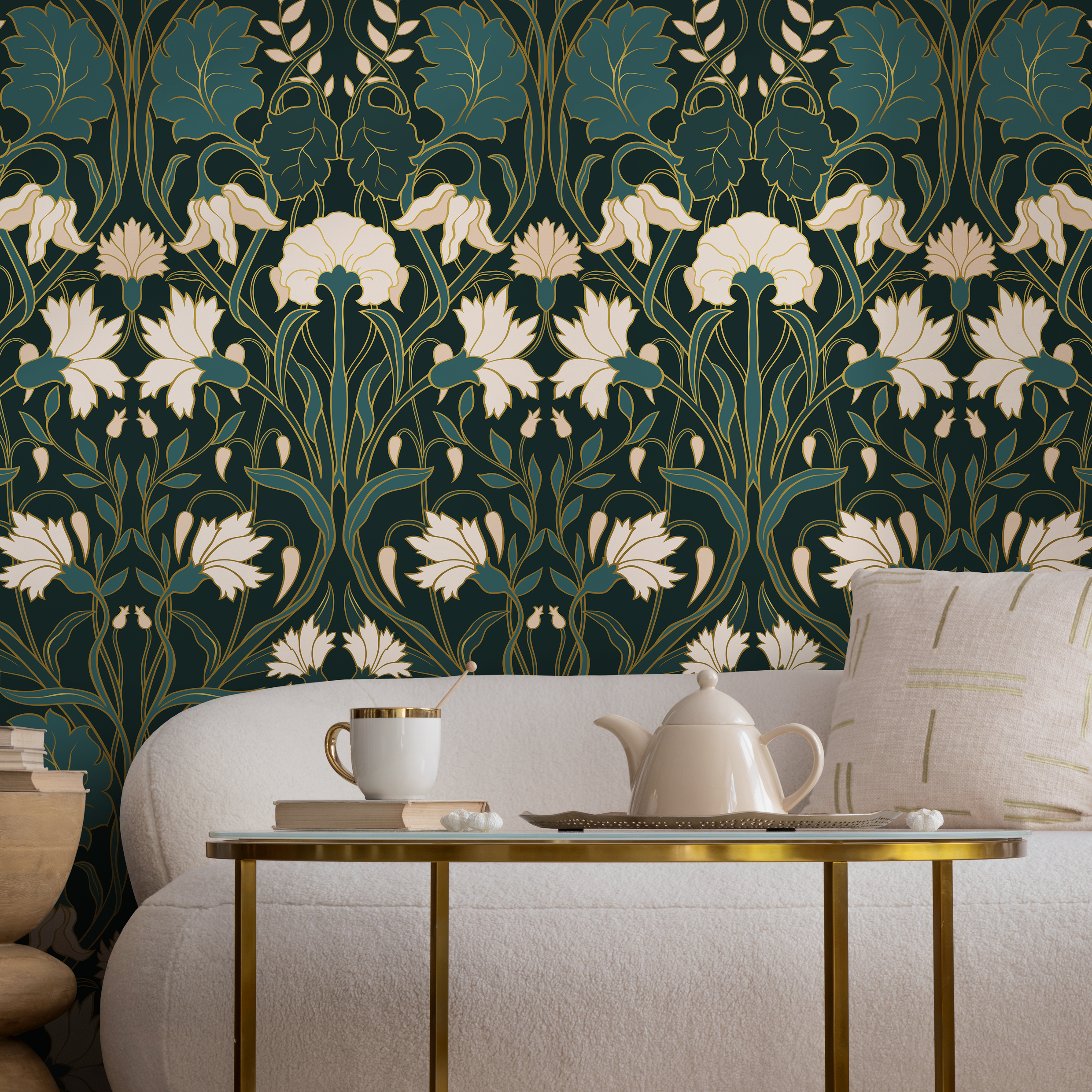 Art Nouveau Wallpaper With Stylized Florals In Green, Cream, And Gold - C281