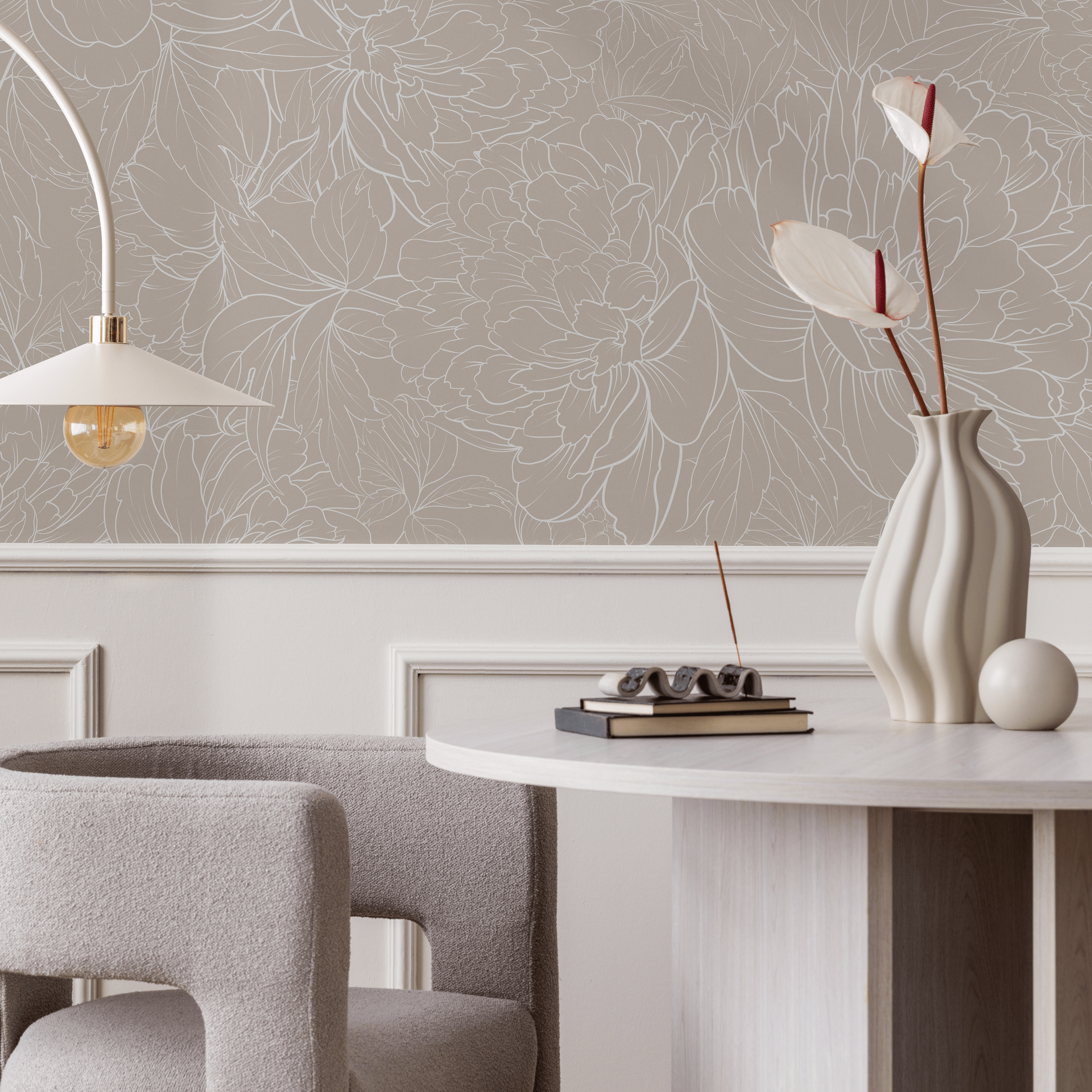 Floral Wallpaper With A Peony Line Art Motif In Taupe And White - C282