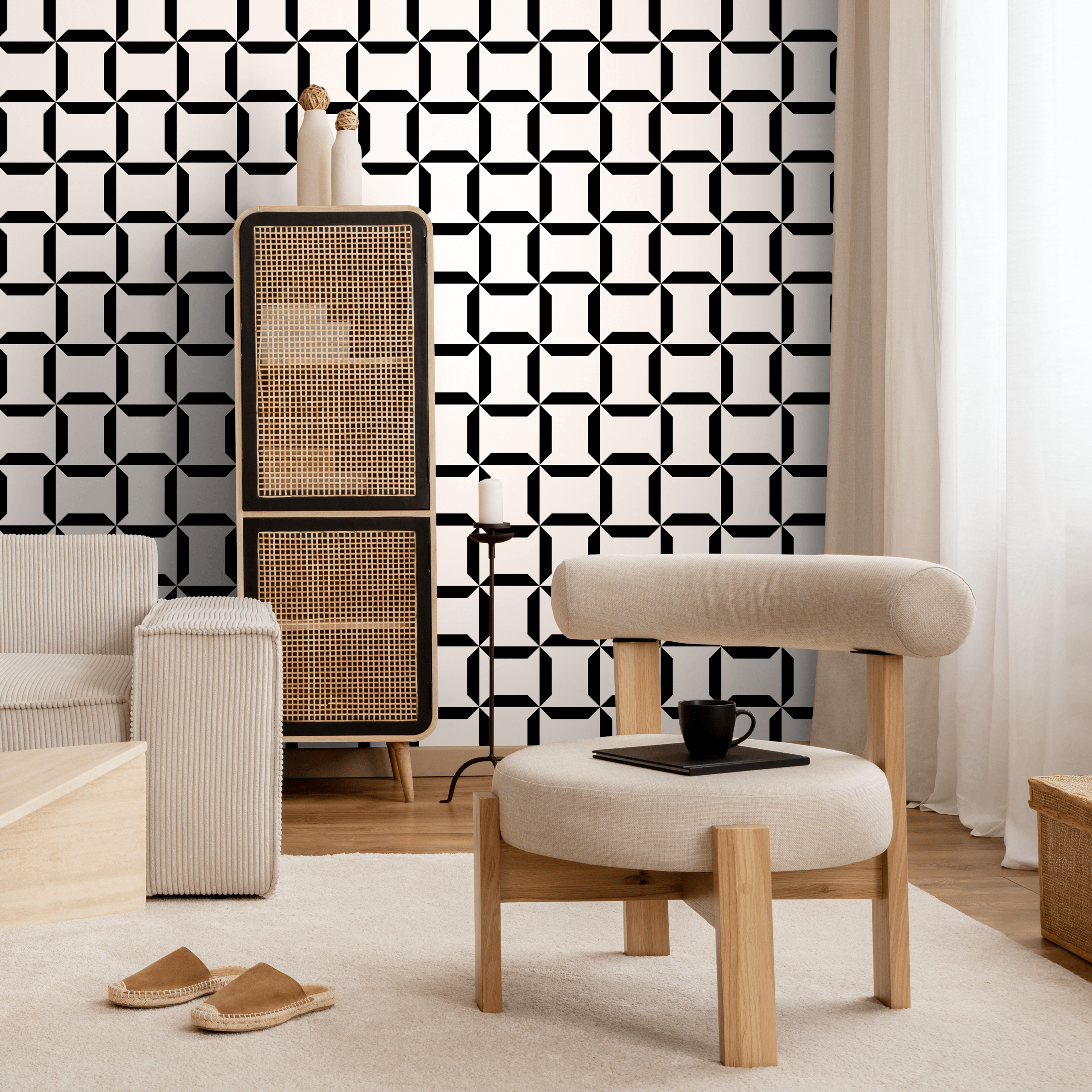 Geometric Wallpaper With An Interlocking Block Motif In Black And White - C283