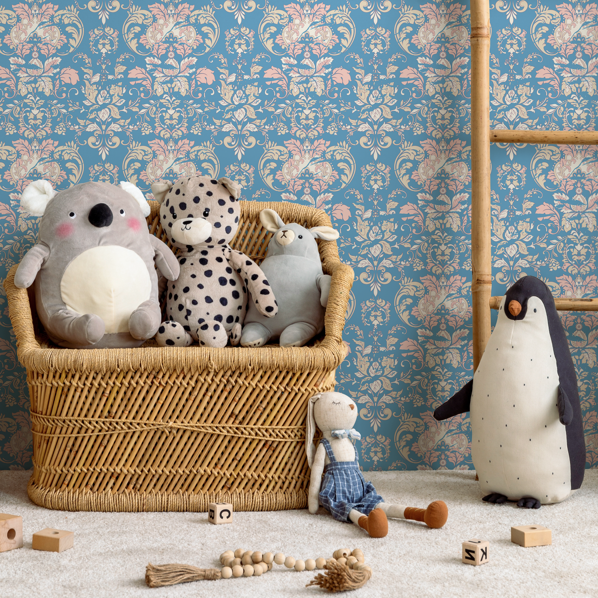 Damask Wallpaper With An Elegant Floral Motif In Blue, Pink, And Beige - C284