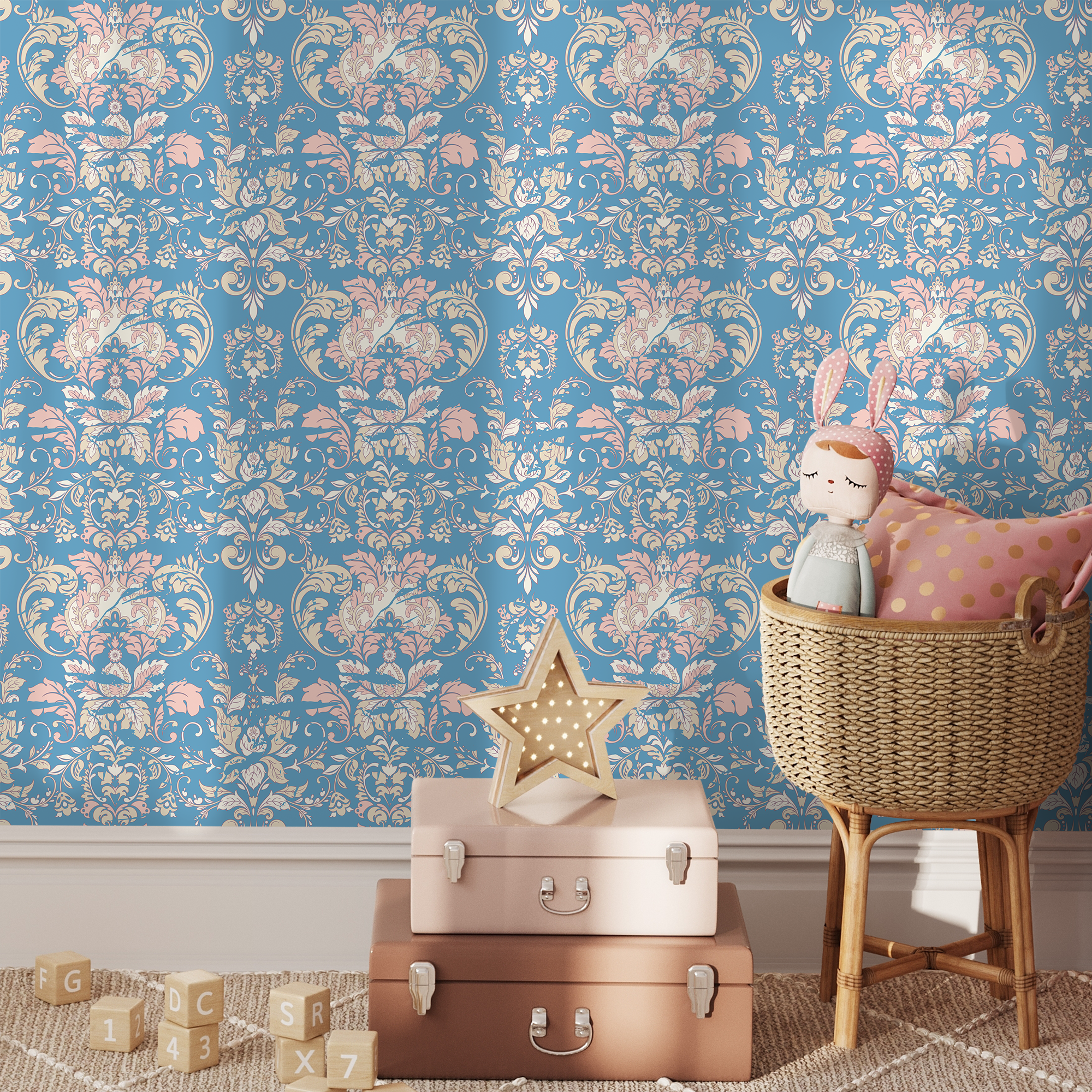 Damask Wallpaper With An Elegant Floral Motif In Blue, Pink, And Beige - C284