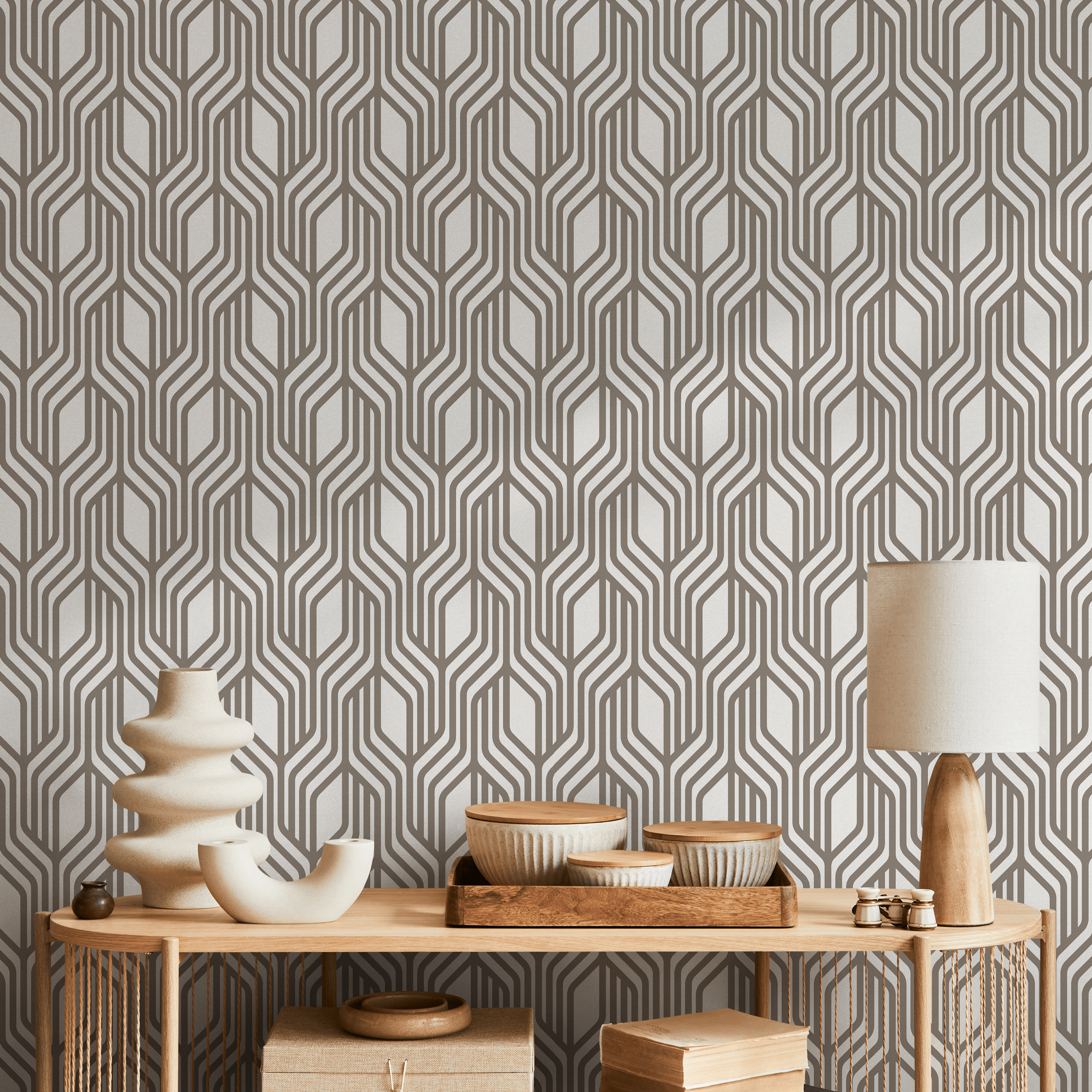 Geometric Wallpaper With An Interlocking Linear Pattern In Beige - C287
