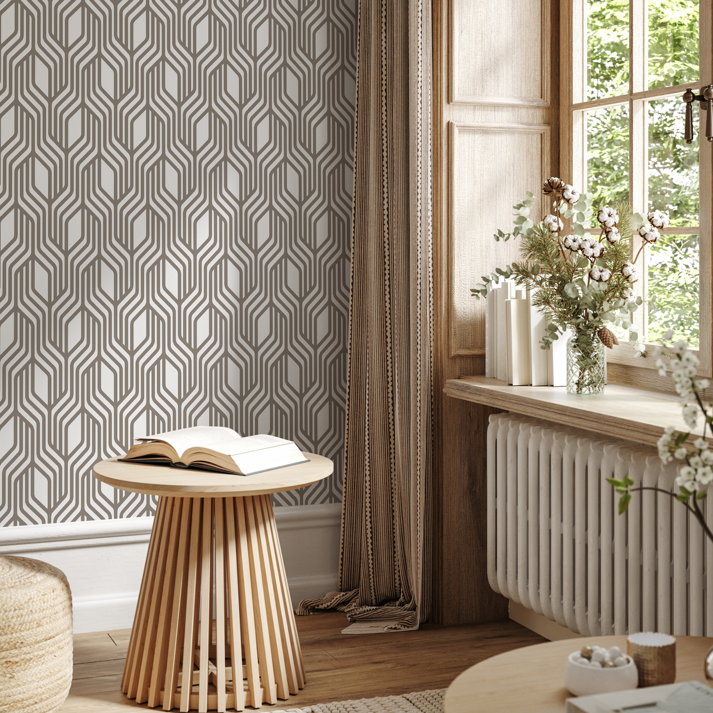 Geometric Wallpaper With An Interlocking Linear Pattern In Beige - C287