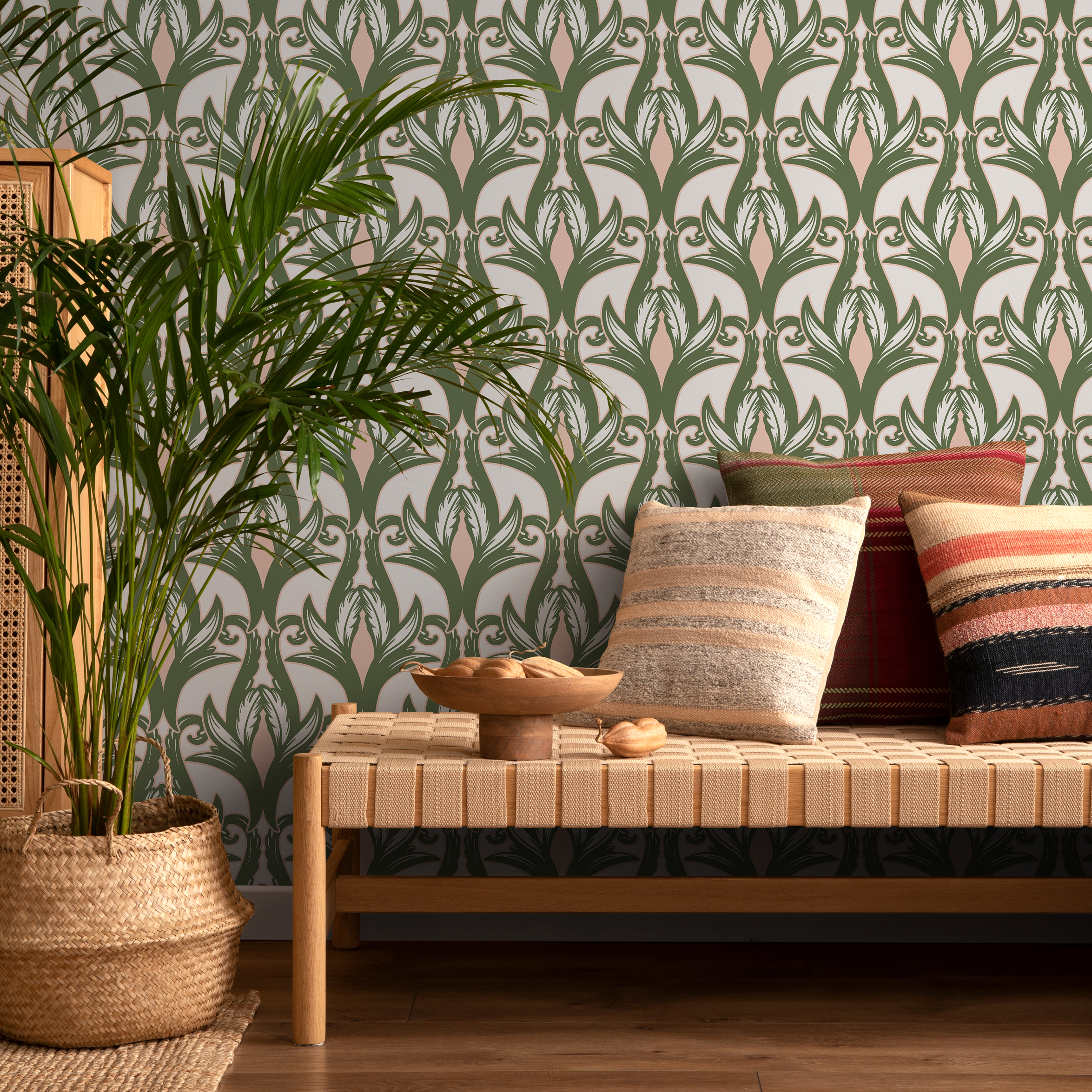 Art Nouveau Wallpaper With A Stylized Floral Motif In Green, Pink, And Beige - C288