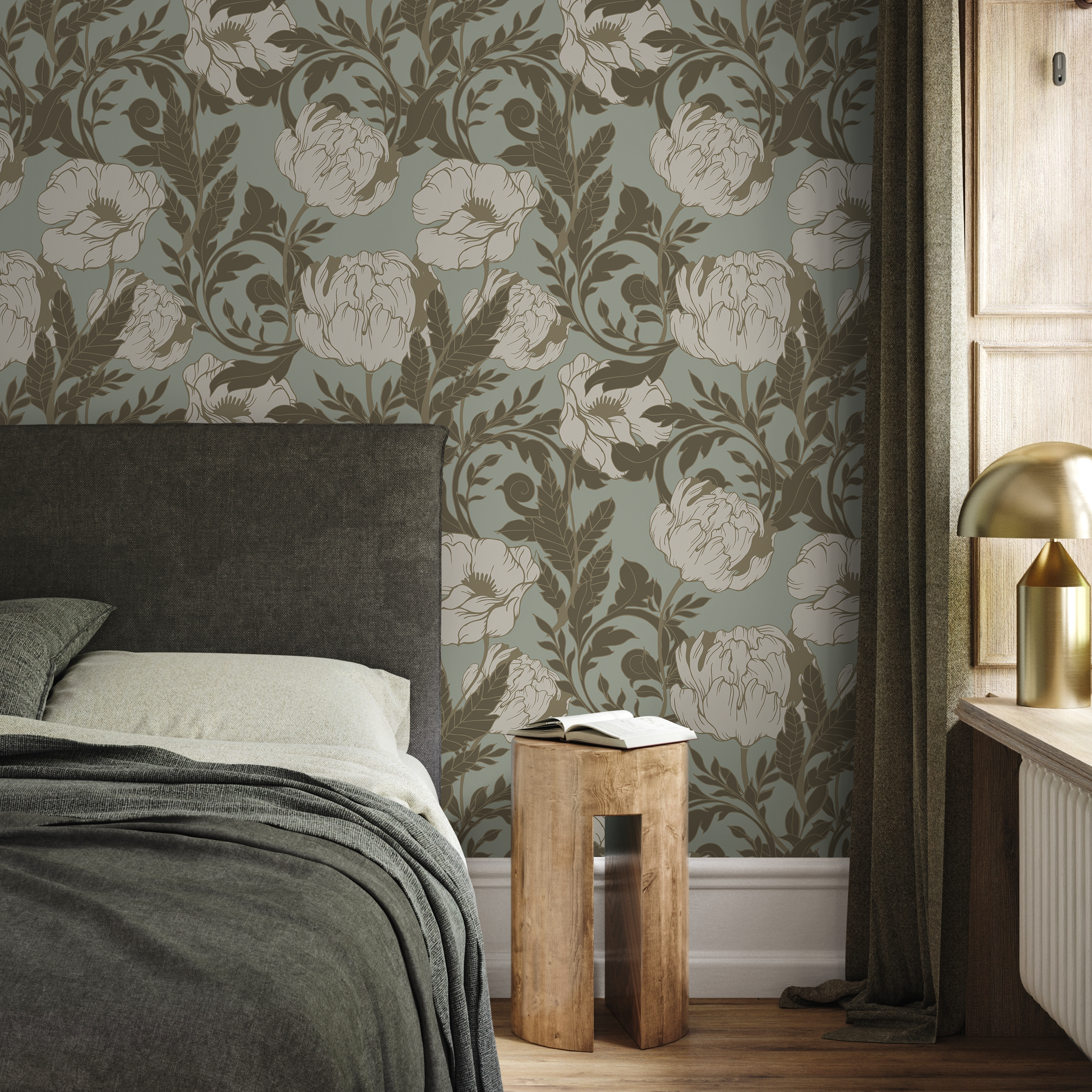 Vintage Floral Wallpaper With Elegant Peonies In Sage Green And Brown - C291