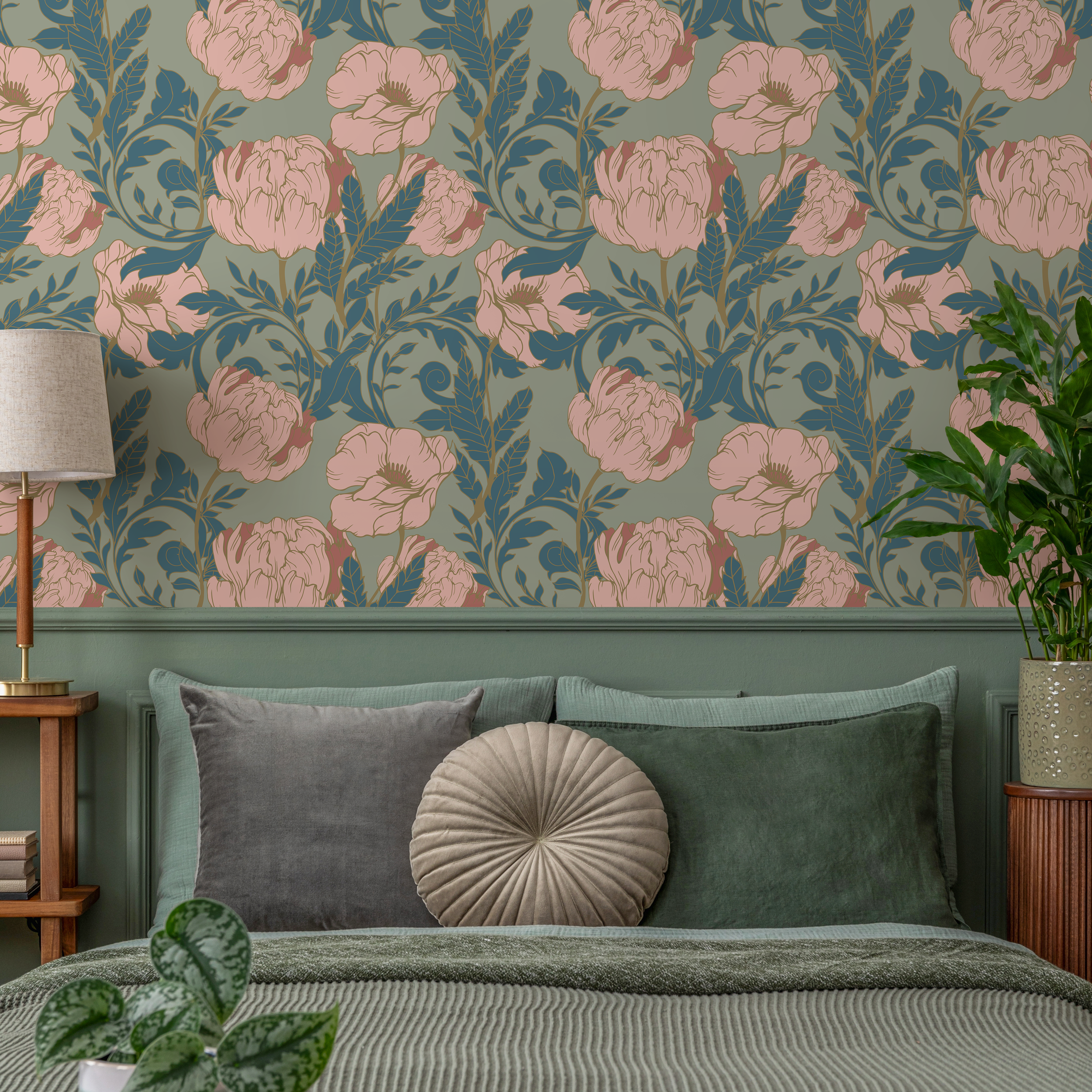 Floral Wallpaper With An Art Nouveau Peony Motif In Sage Green, Pink, And Teal - C292