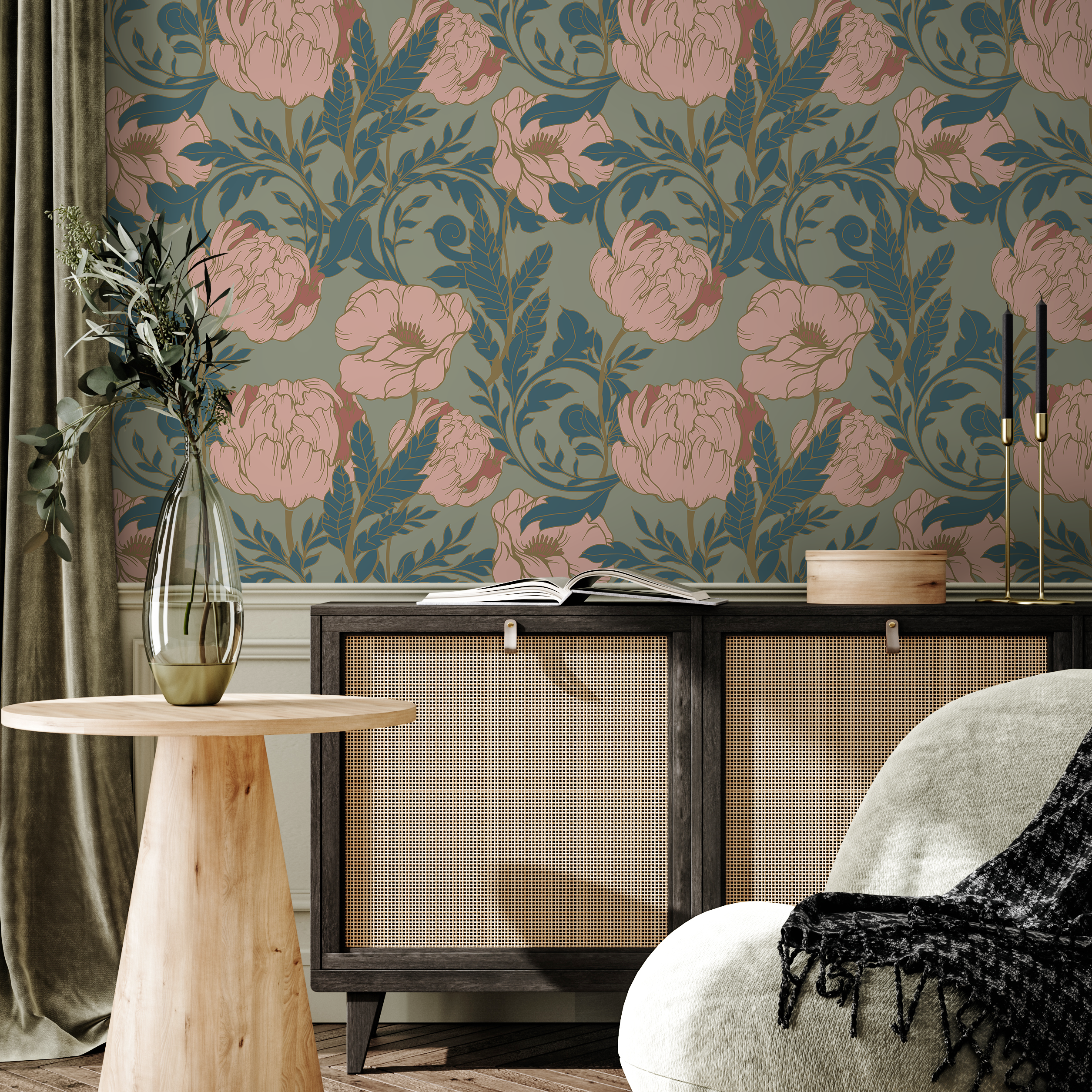 Floral Wallpaper With An Art Nouveau Peony Motif In Sage Green, Pink, And Teal - C292