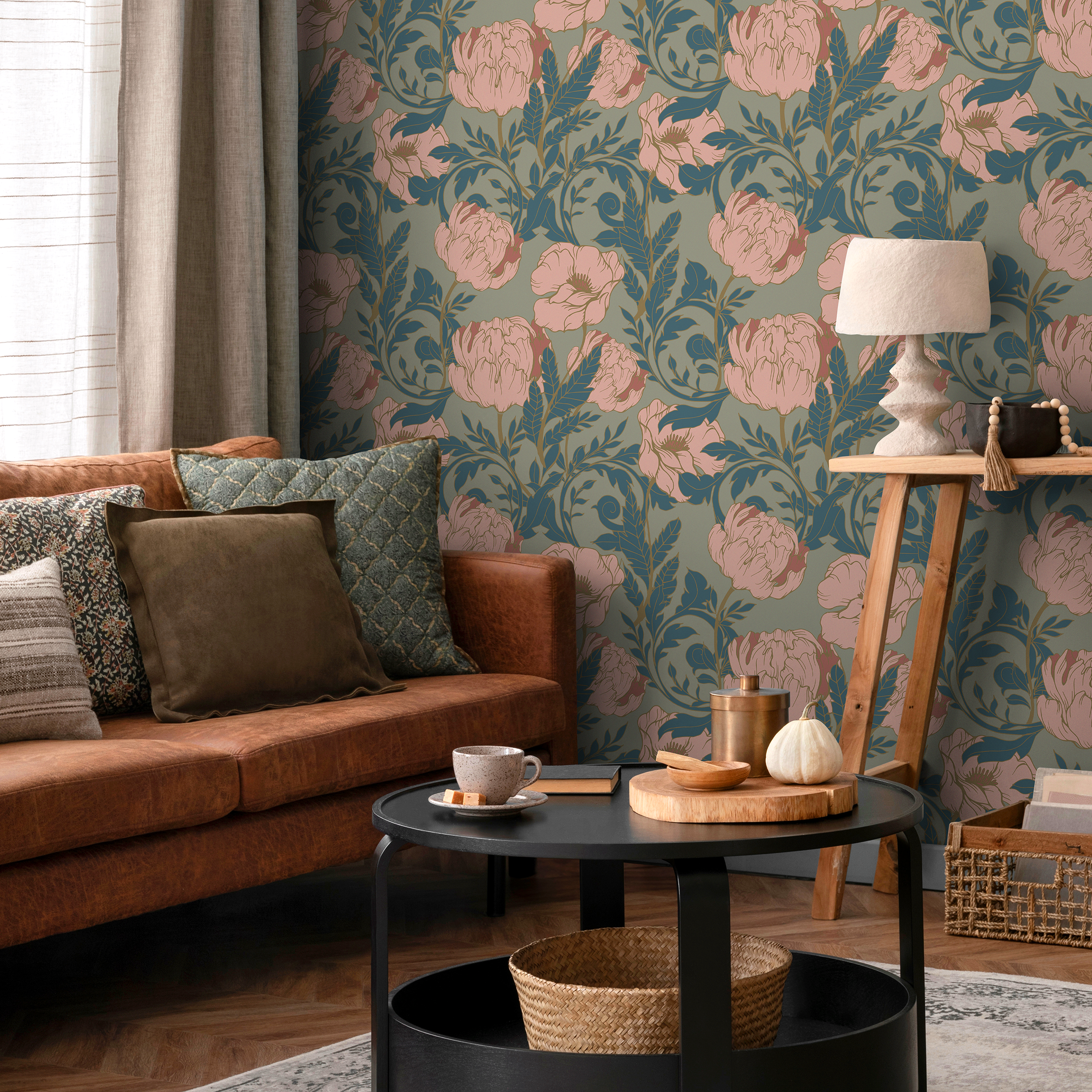 Floral Wallpaper With An Art Nouveau Peony Motif In Sage Green, Pink, And Teal - C292