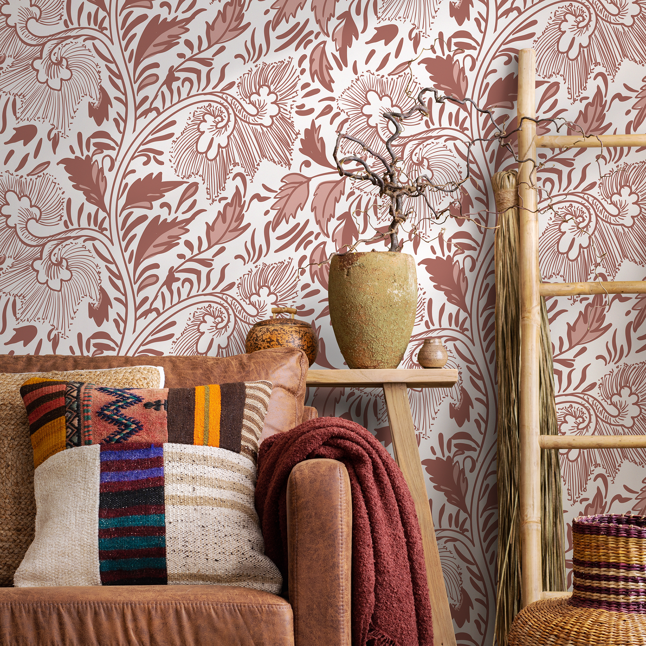 Vintage Floral Wallpaper With A Stylized Vine Motif In Terracotta And Dusty Rose - C294