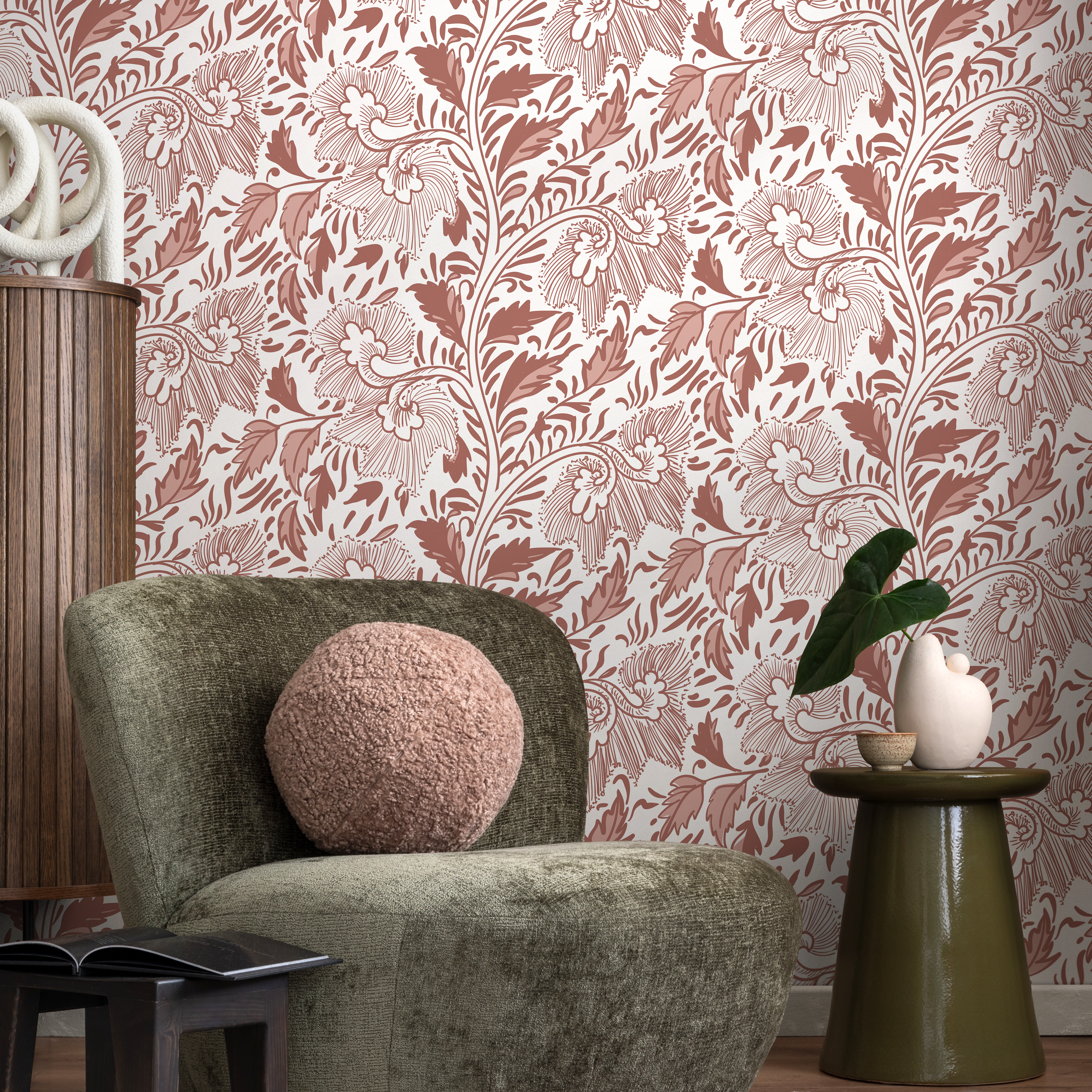 Vintage Floral Wallpaper With A Stylized Vine Motif In Terracotta And Dusty Rose - C294