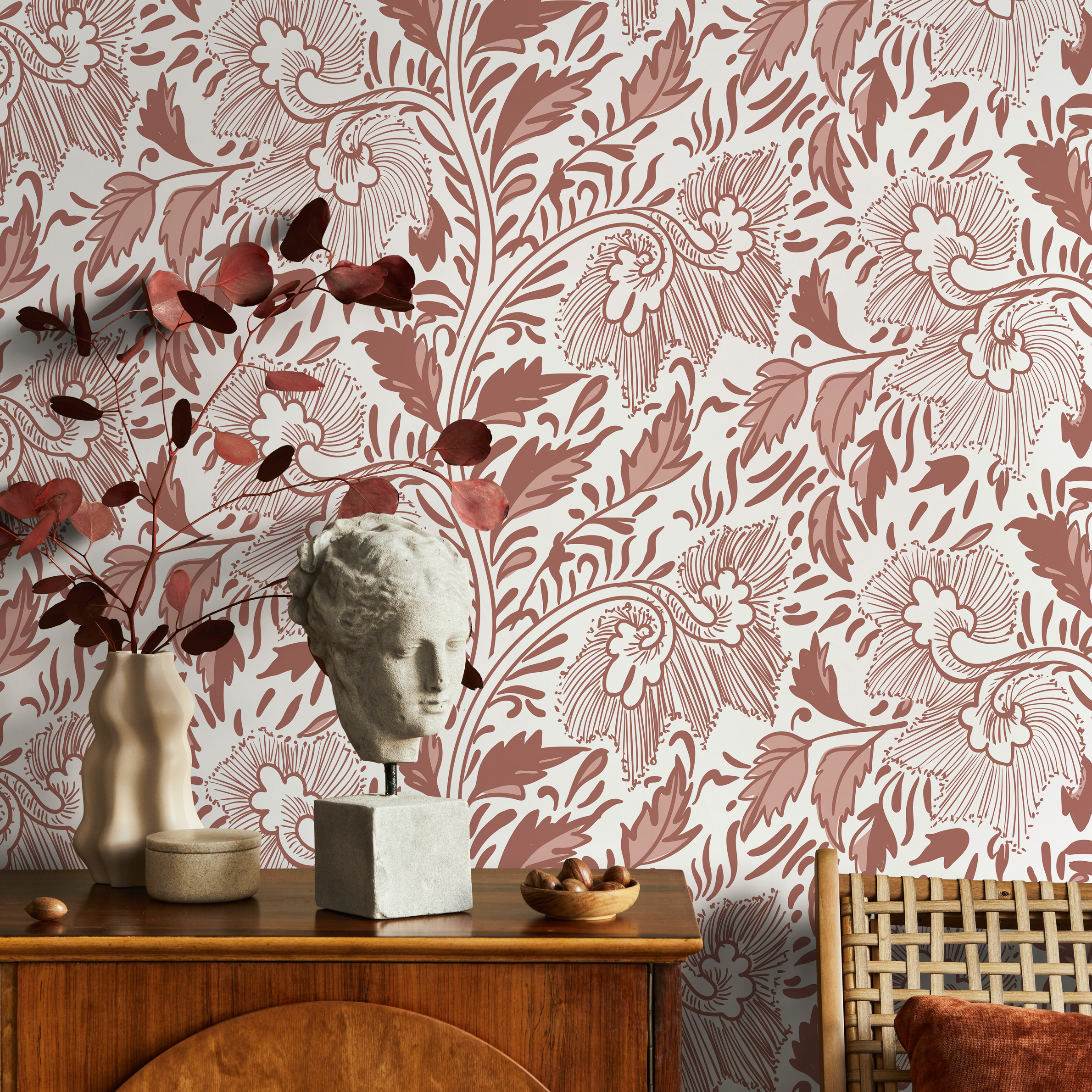 Vintage Floral Wallpaper With A Stylized Vine Motif In Terracotta And Dusty Rose - C294