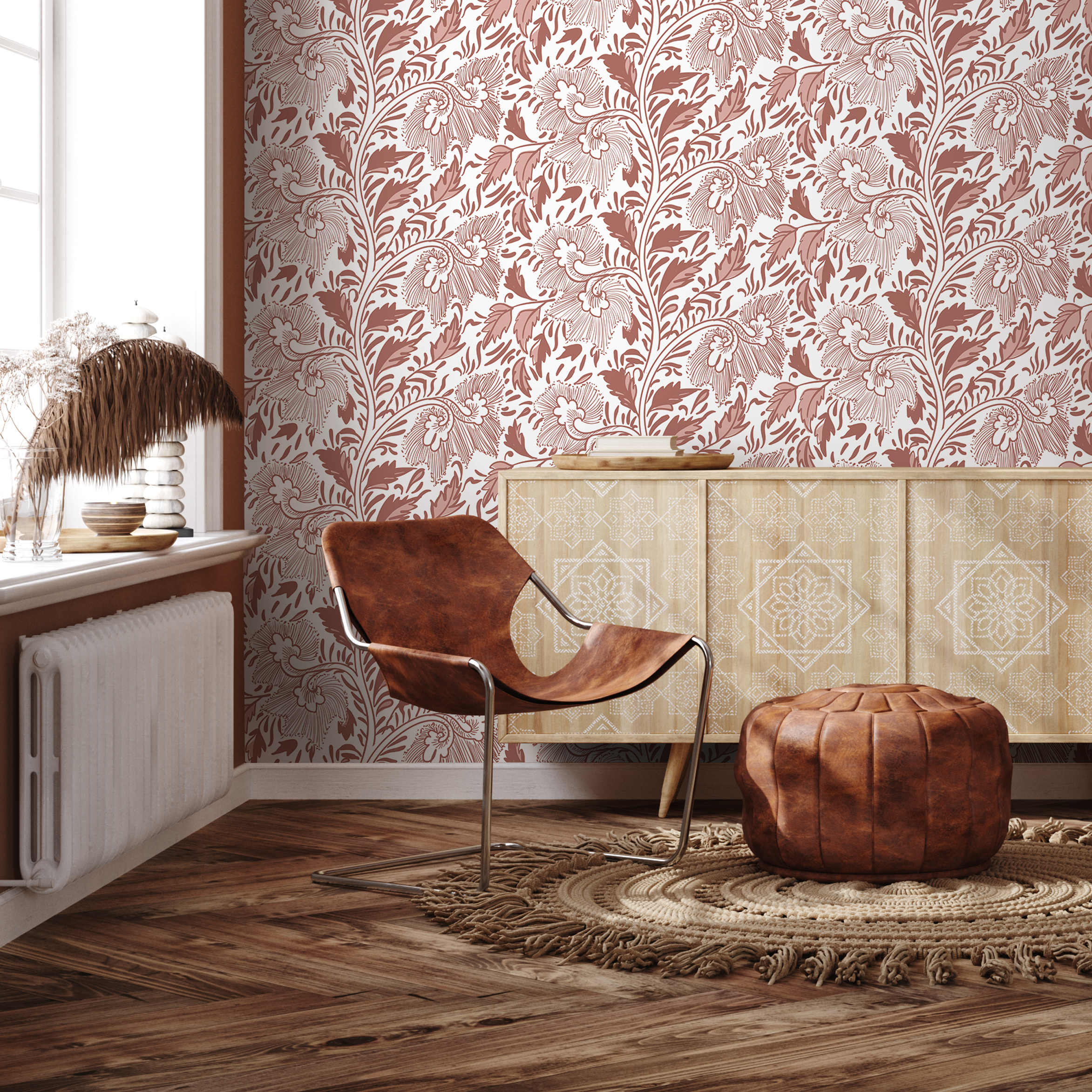 Vintage Floral Wallpaper With A Stylized Vine Motif In Terracotta And Dusty Rose - C294