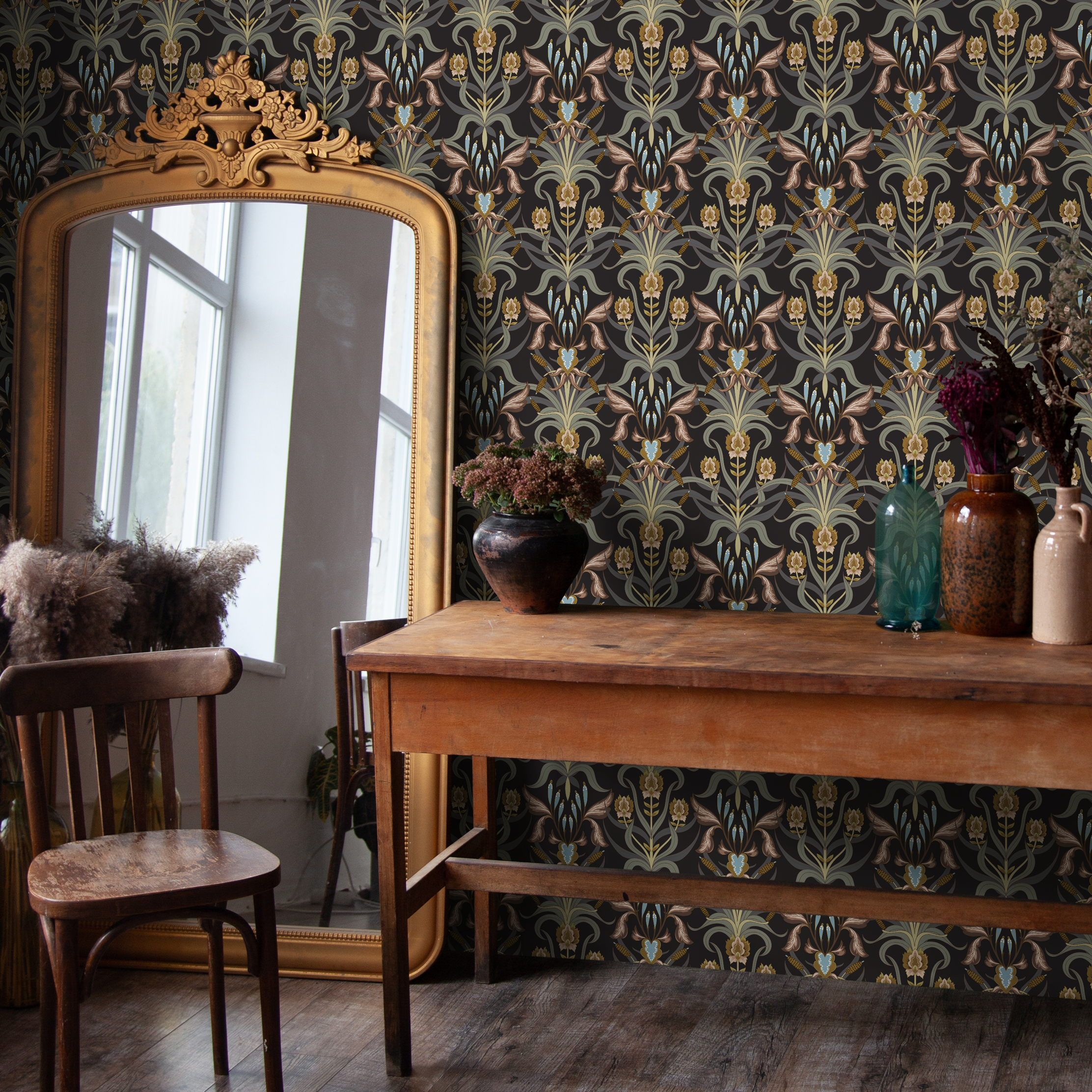 Art Nouveau Wallpaper With A Floral Damask Motif In Brown, Gold, And Blue - C295