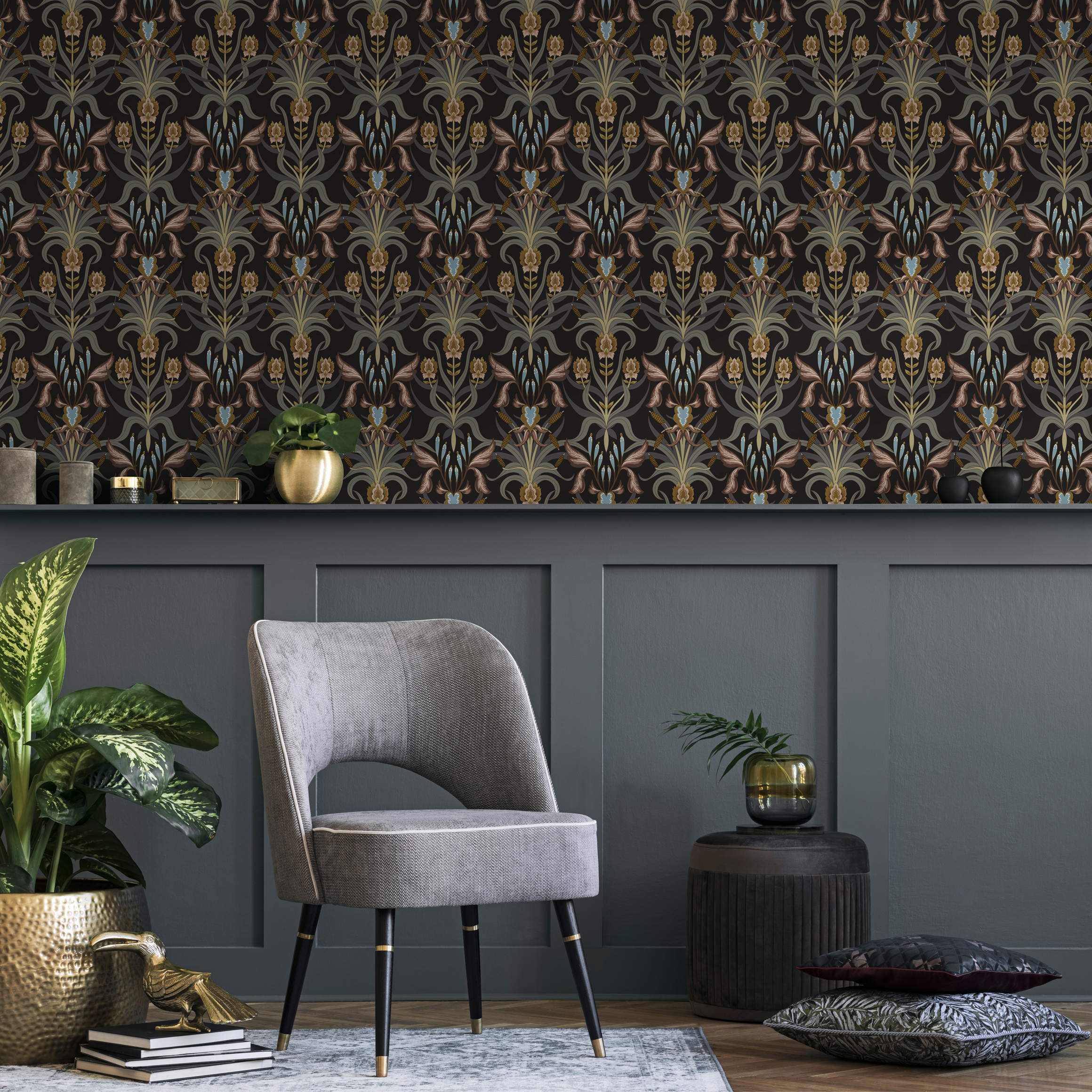 Art Nouveau Wallpaper With A Floral Damask Motif In Brown, Gold, And Blue - C295