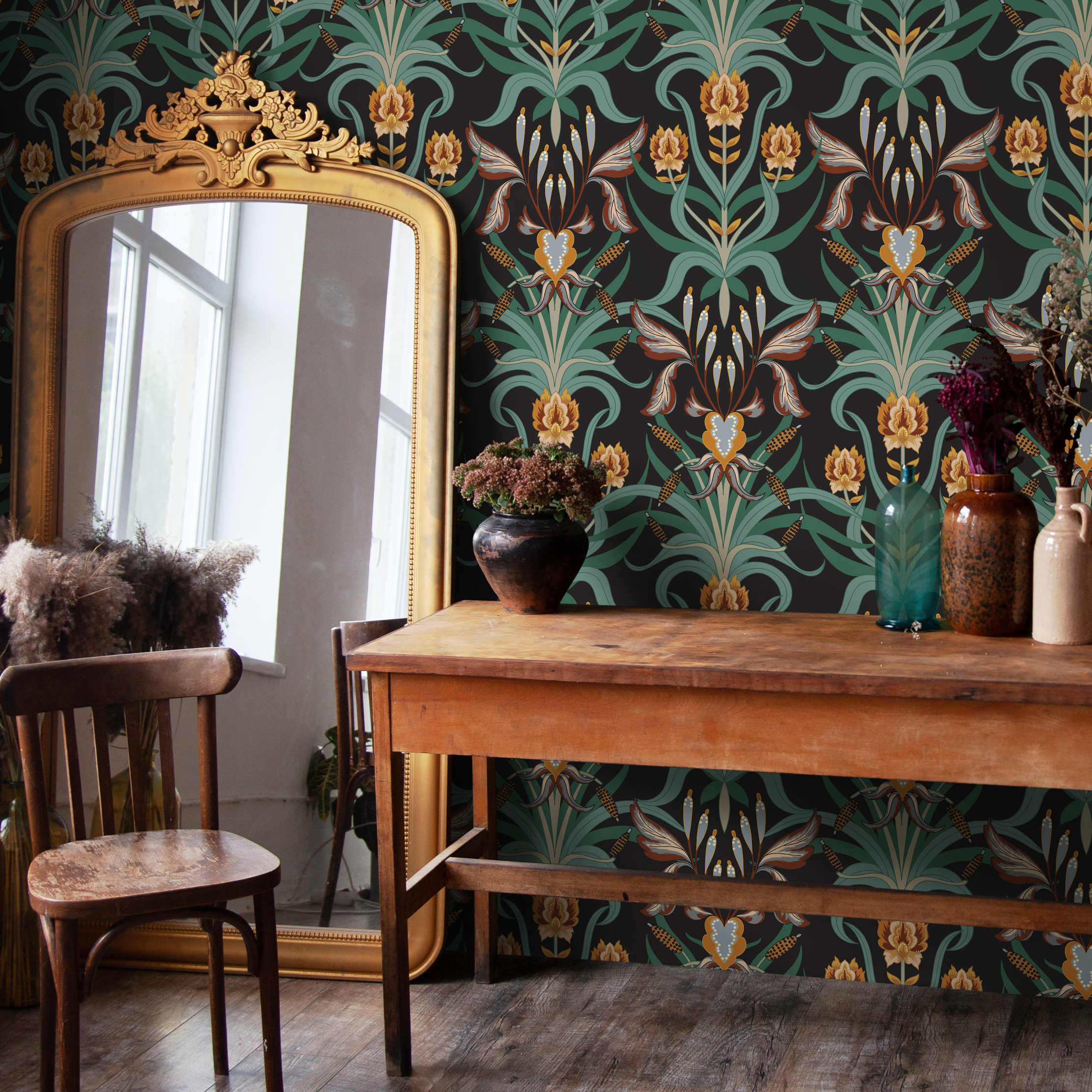 Art Nouveau Wallpaper With A Symmetrical Iris Motif In Green, Orange, And Black - C296