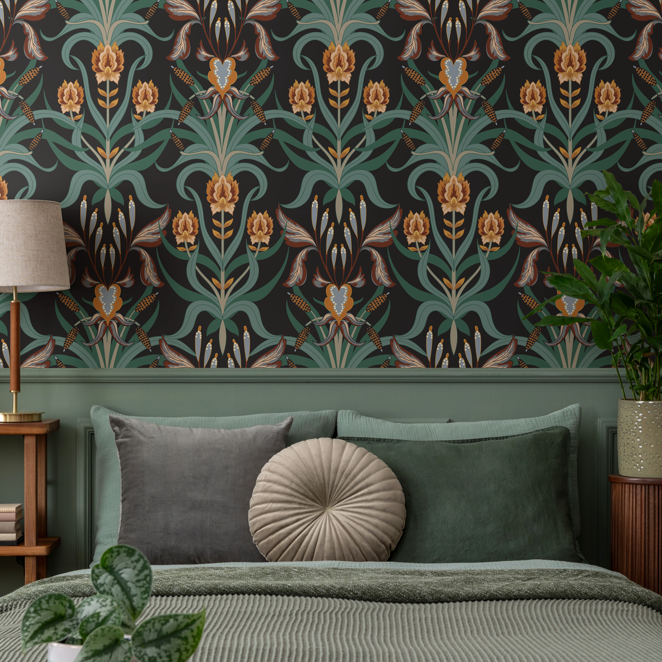 Art Nouveau Wallpaper With A Symmetrical Iris Motif In Green, Orange, And Black - C296