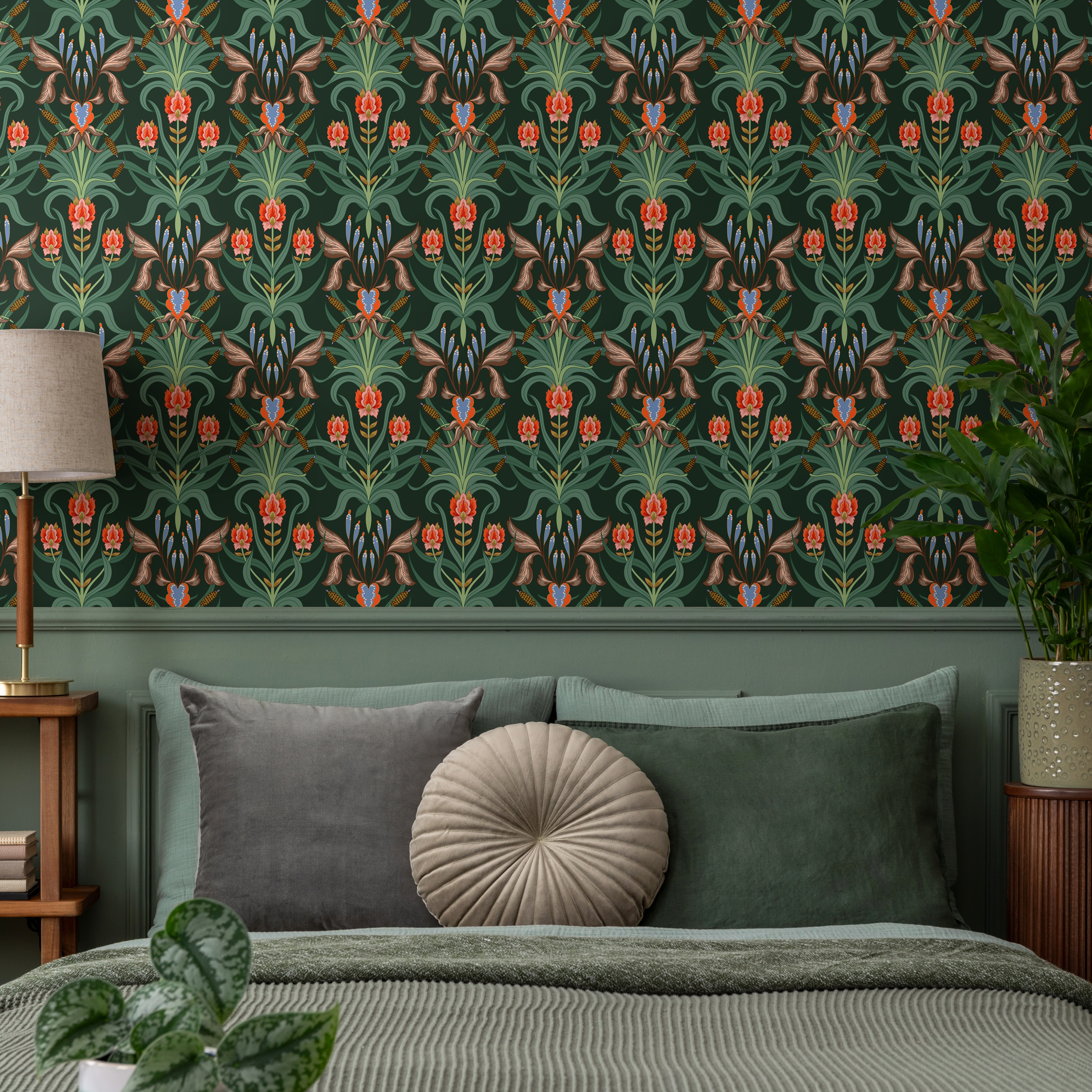 Art Nouveau Wallpaper With A Stylized Floral Damask In Green, Red, And Blue - C297