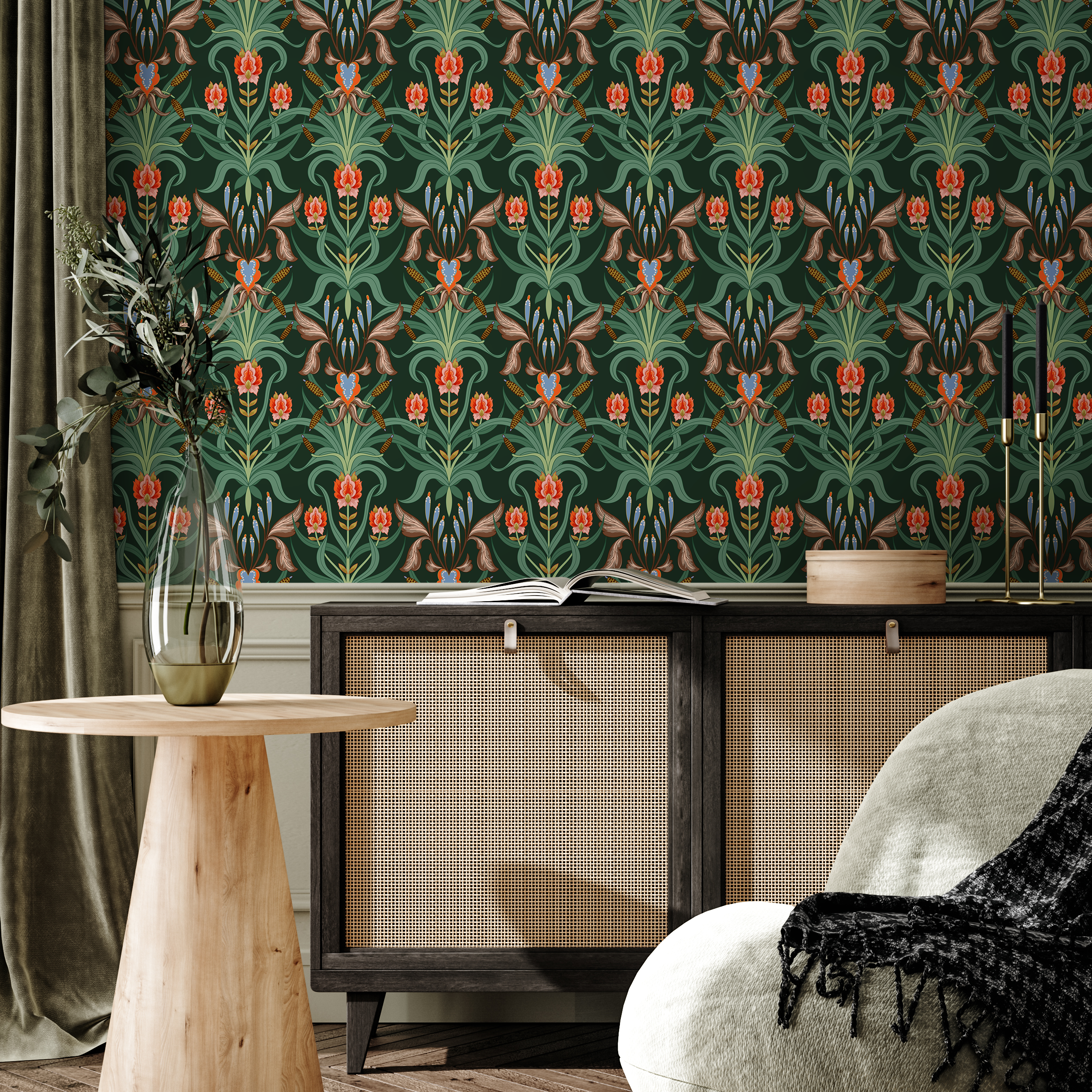 Art Nouveau Wallpaper With A Stylized Floral Damask In Green, Red, And Blue - C297