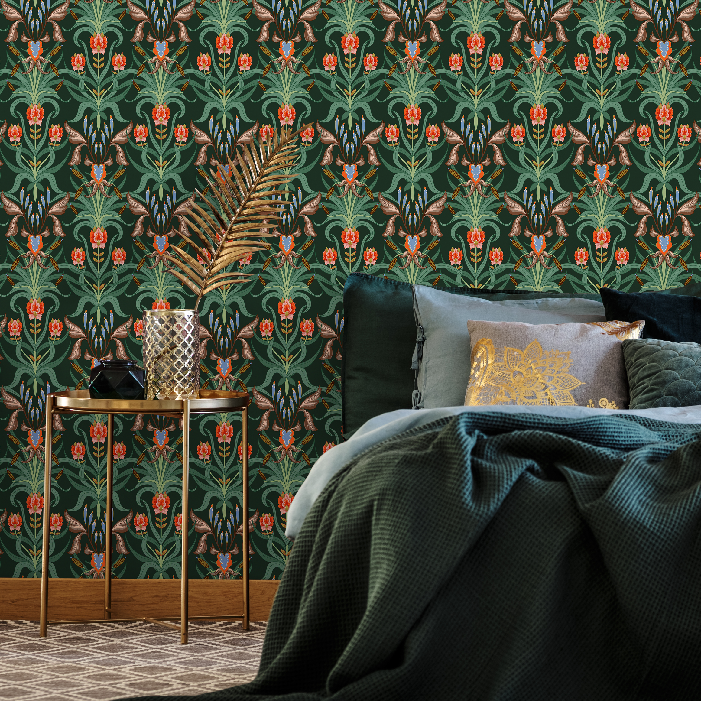 Art Nouveau Wallpaper With A Stylized Floral Damask In Green, Red, And Blue - C297