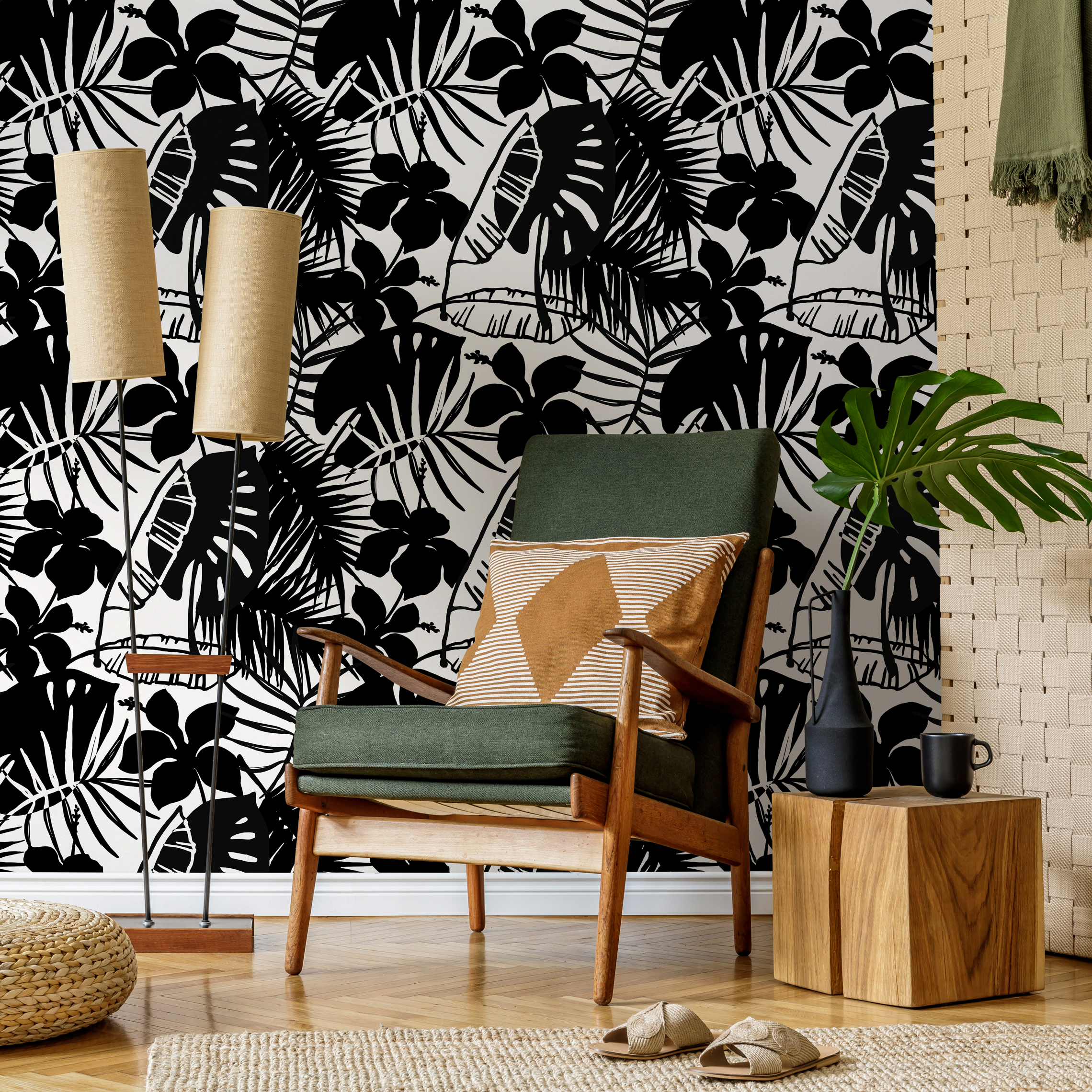 Tropical Wallpaper With Hibiscus And Palm Leaf Silhouettes In Black And White - C298
