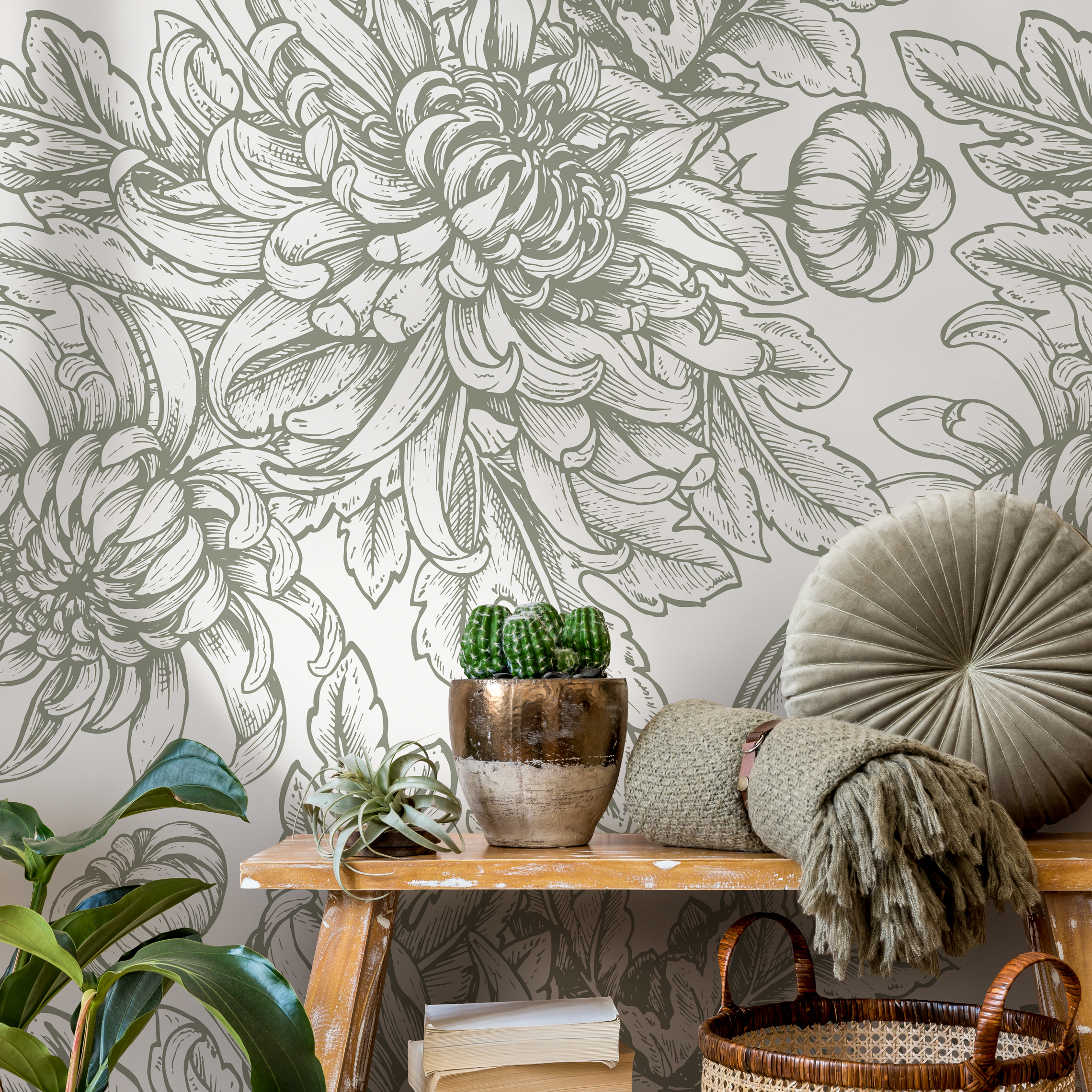 Floral Wallpaper With Hand-drawn Chrysanthemums In Sage Green - C300