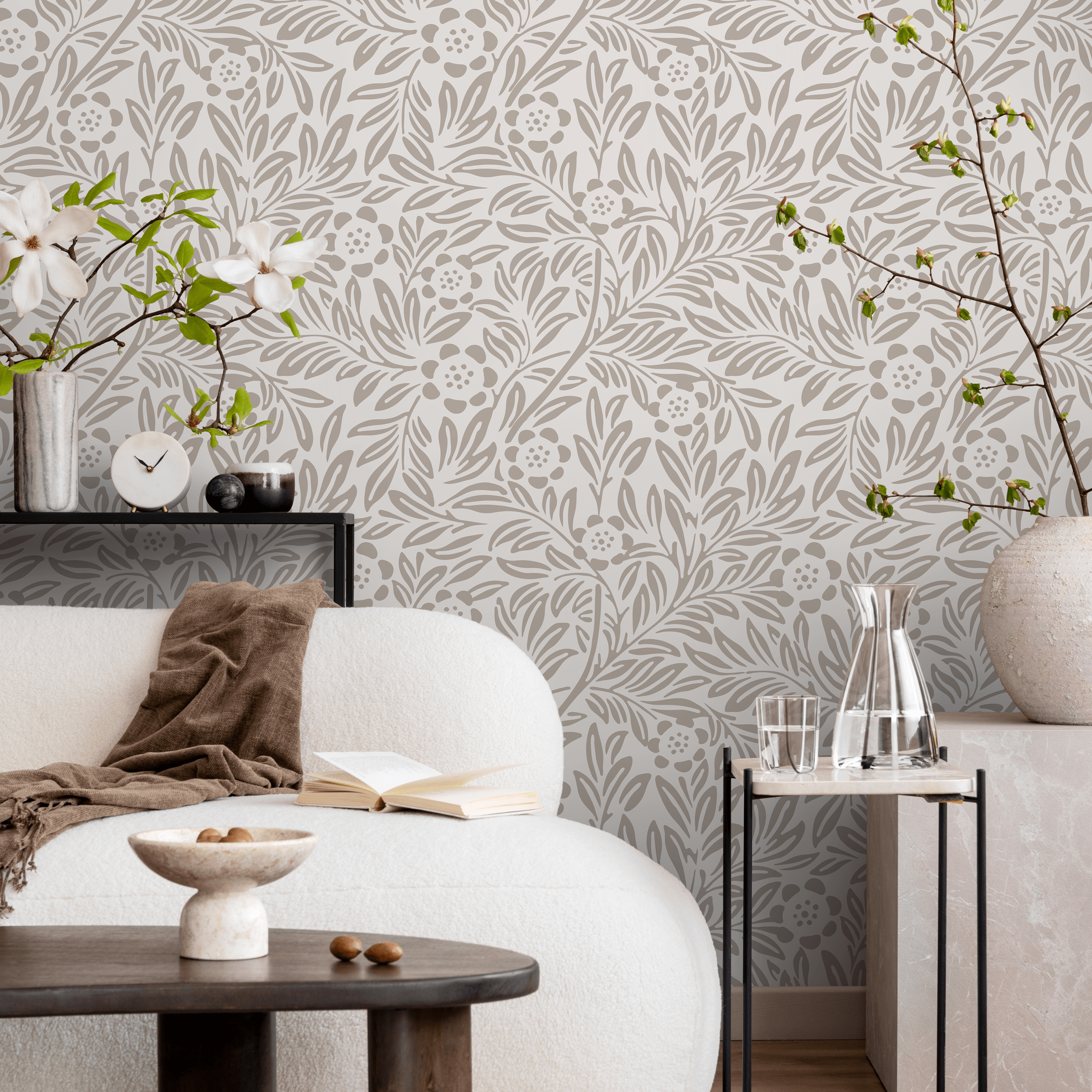 Floral Wallpaper With A Classic Arts And Crafts Motif In Beige - C302