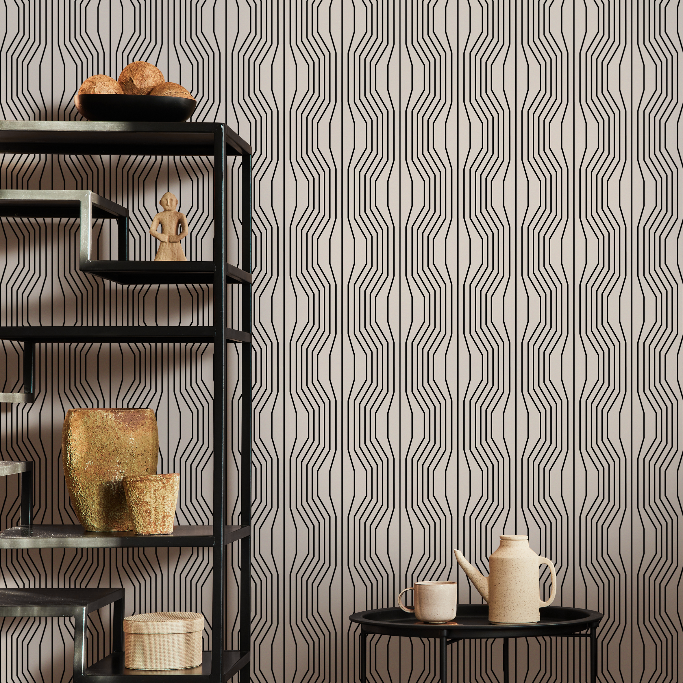 Geometric Wallpaper With Wavy Vertical Lines In Black And Beige - C303