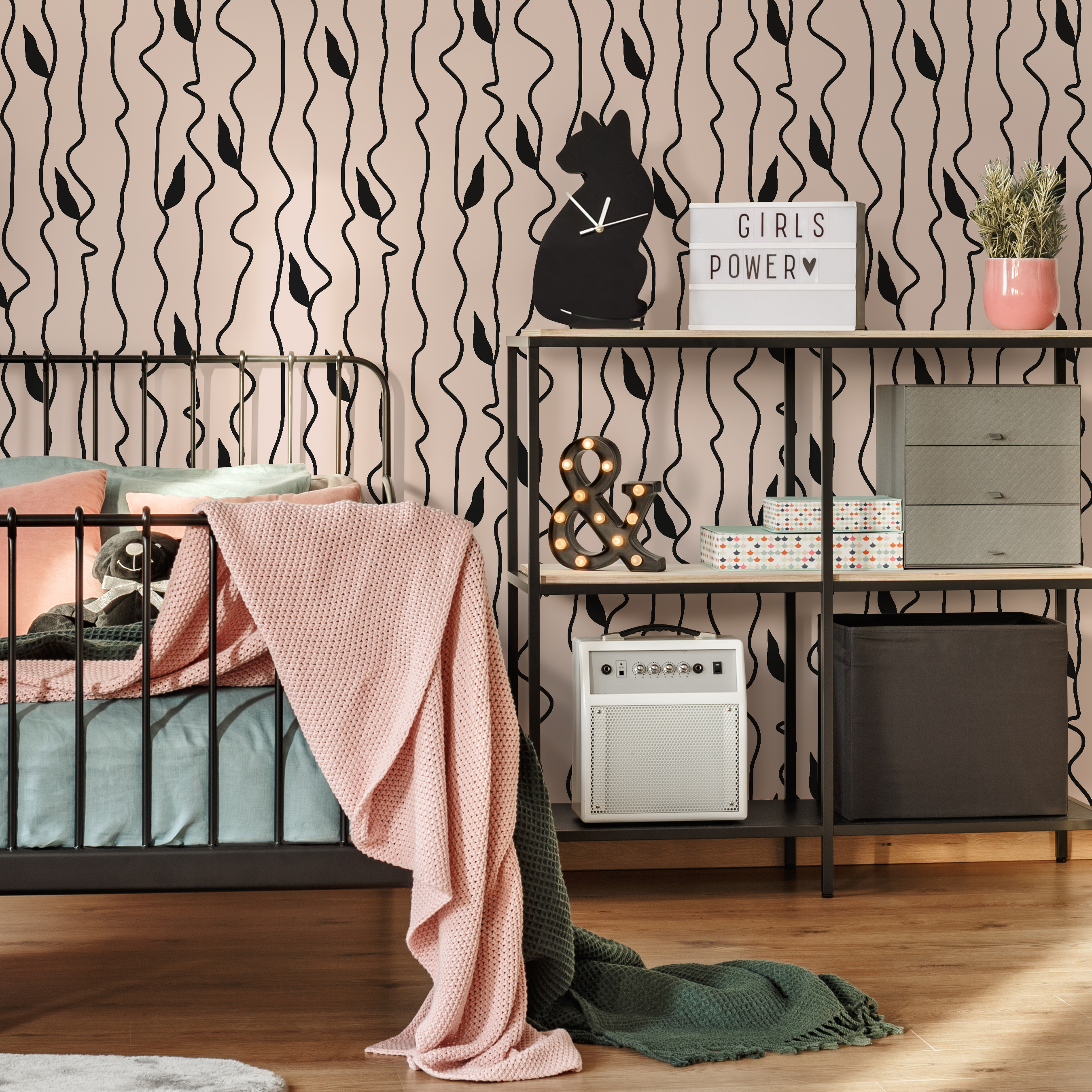 Abstract Wallpaper With Wavy Lines And Leaves In Black And Pink - C307