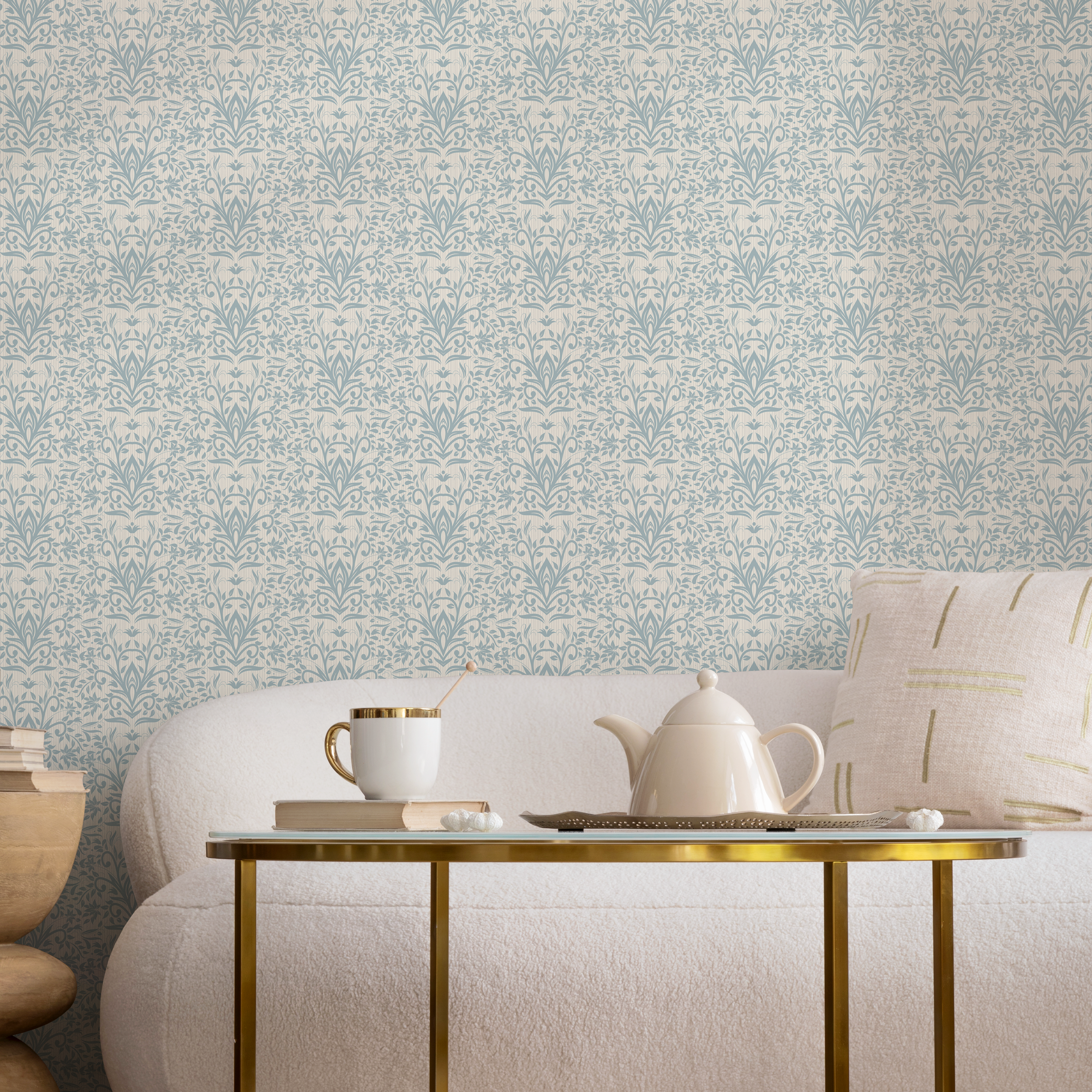 Damask Wallpaper With An Intricate Foliage Motif In Blue And Beige - C308