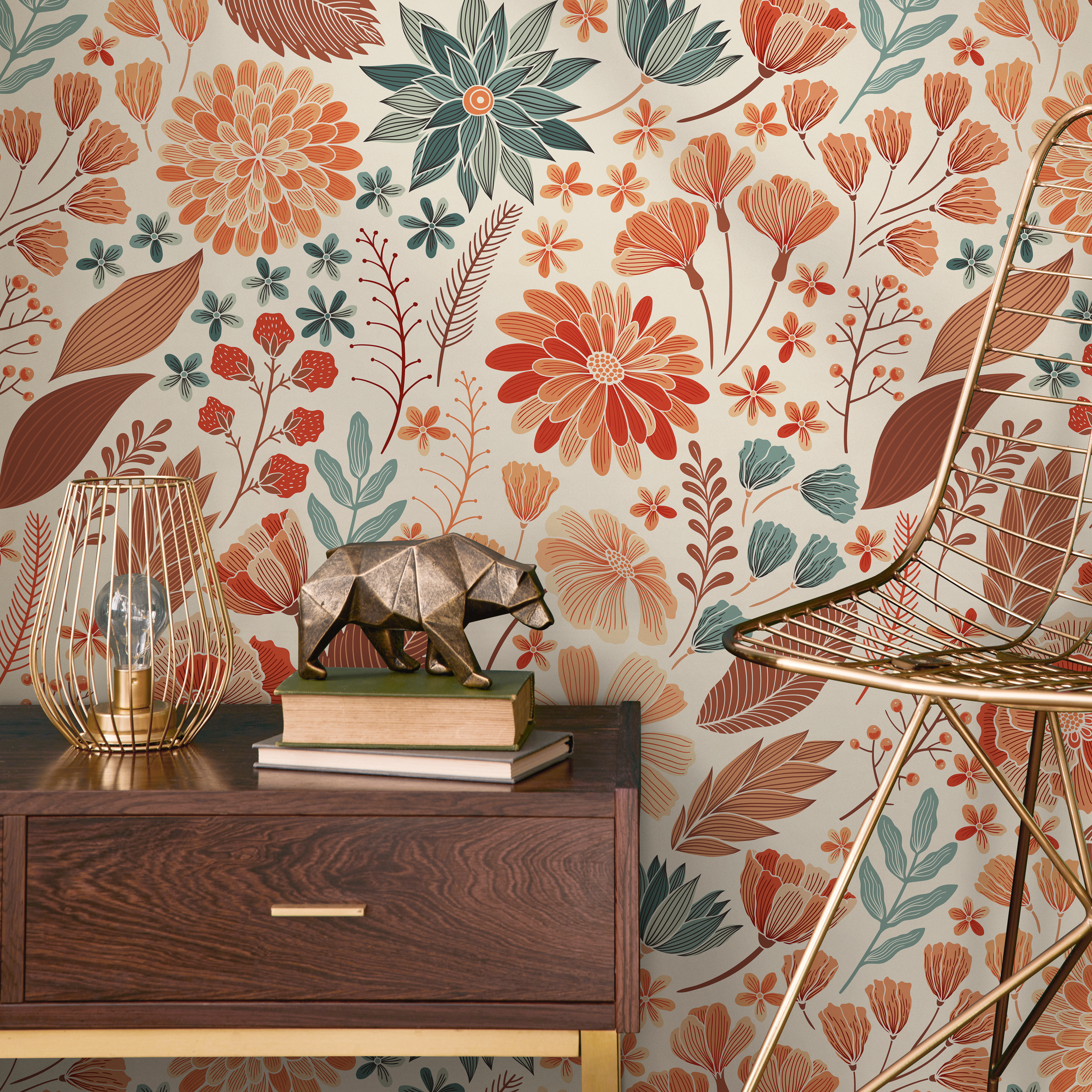 Floral Wallpaper Featuring Stylized Garden Blooms In Orange, Teal, And Brown - C310