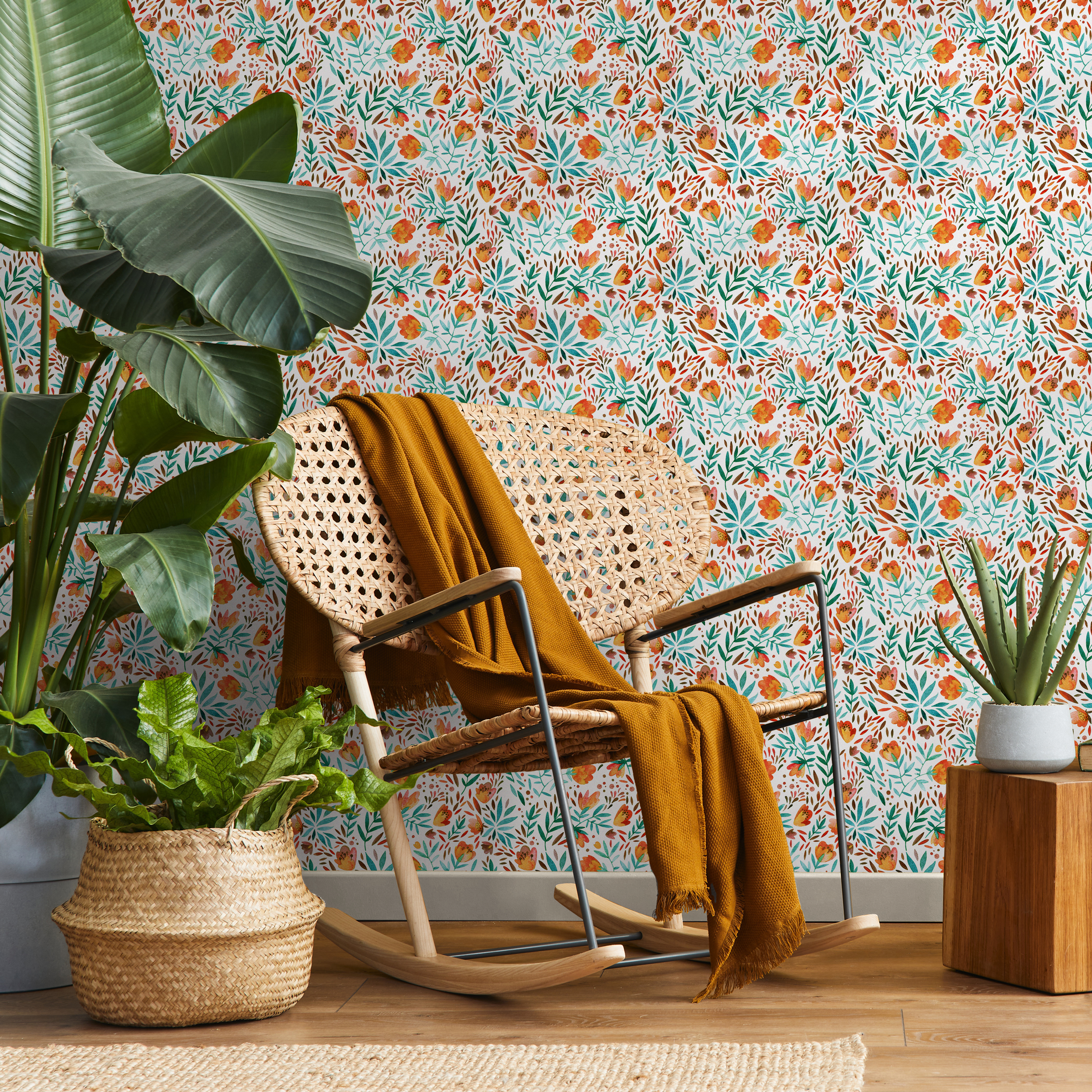 Floral Wallpaper With A Watercolor Botanical Motif In Orange, Teal, And Green - C311