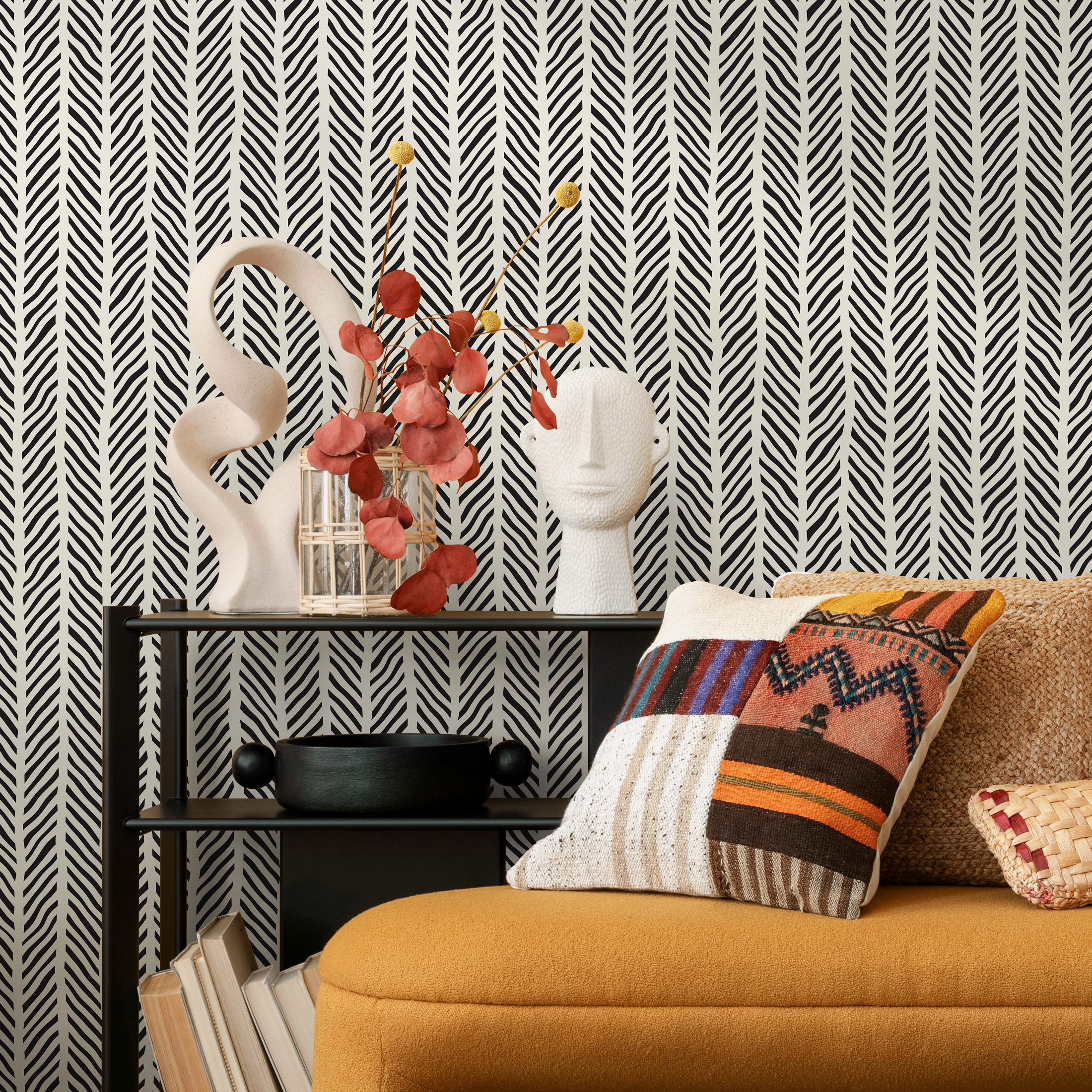 Geometric Wallpaper With Sketched Chevron Lines In Black And Off-white - C313