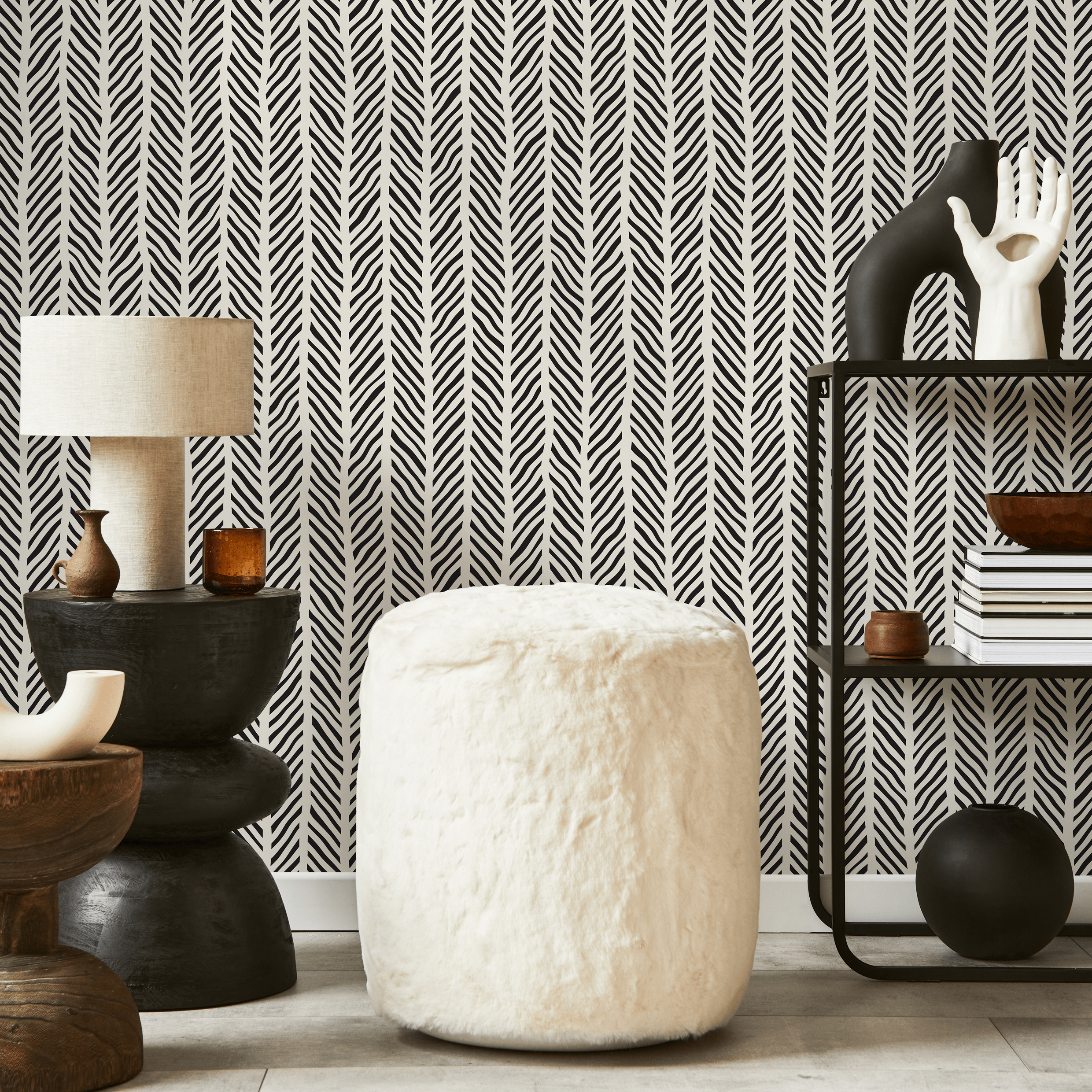 Geometric Wallpaper With Sketched Chevron Lines In Black And Off-white - C313