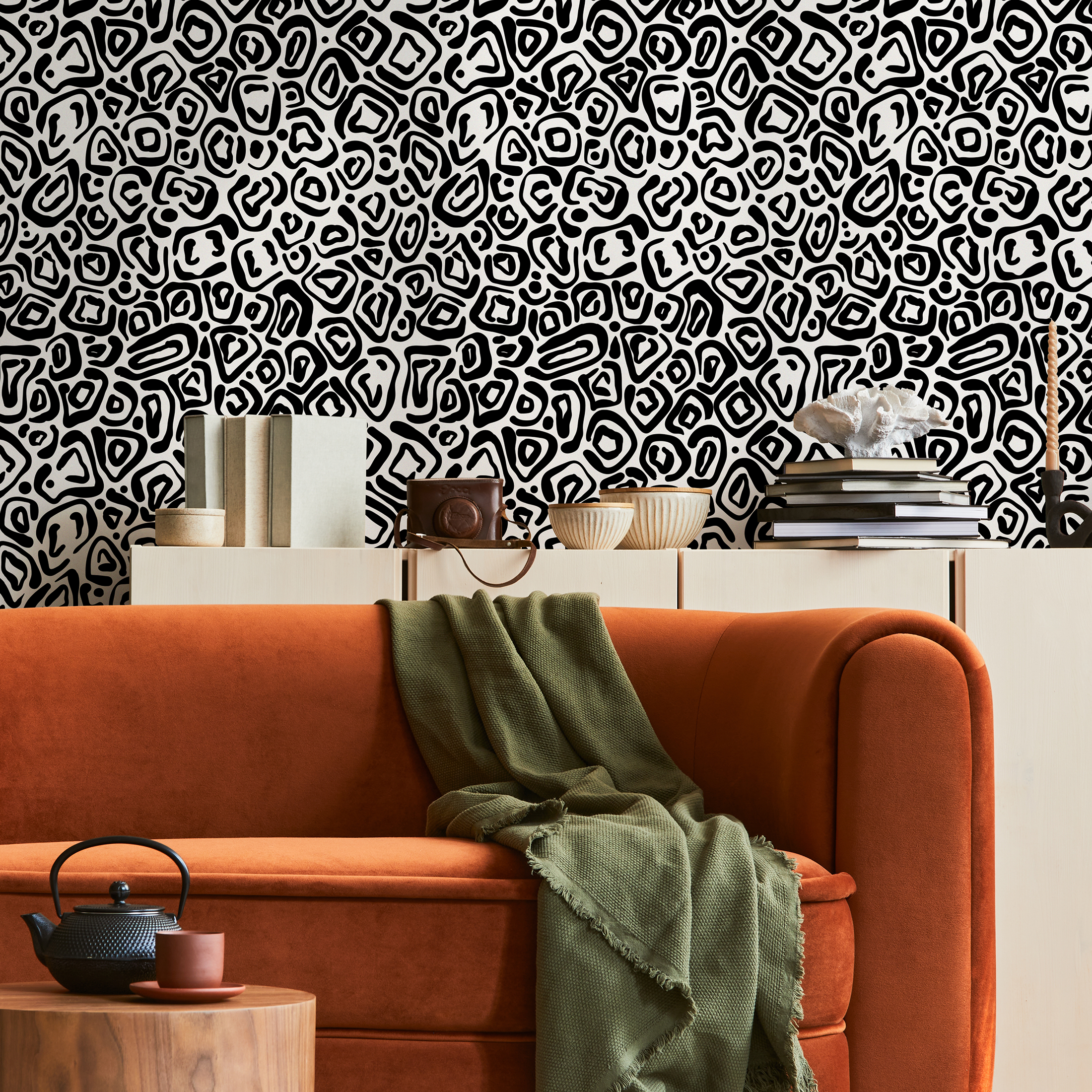 Abstract Wallpaper With An Organic Tribal Motif In Black And White - C314
