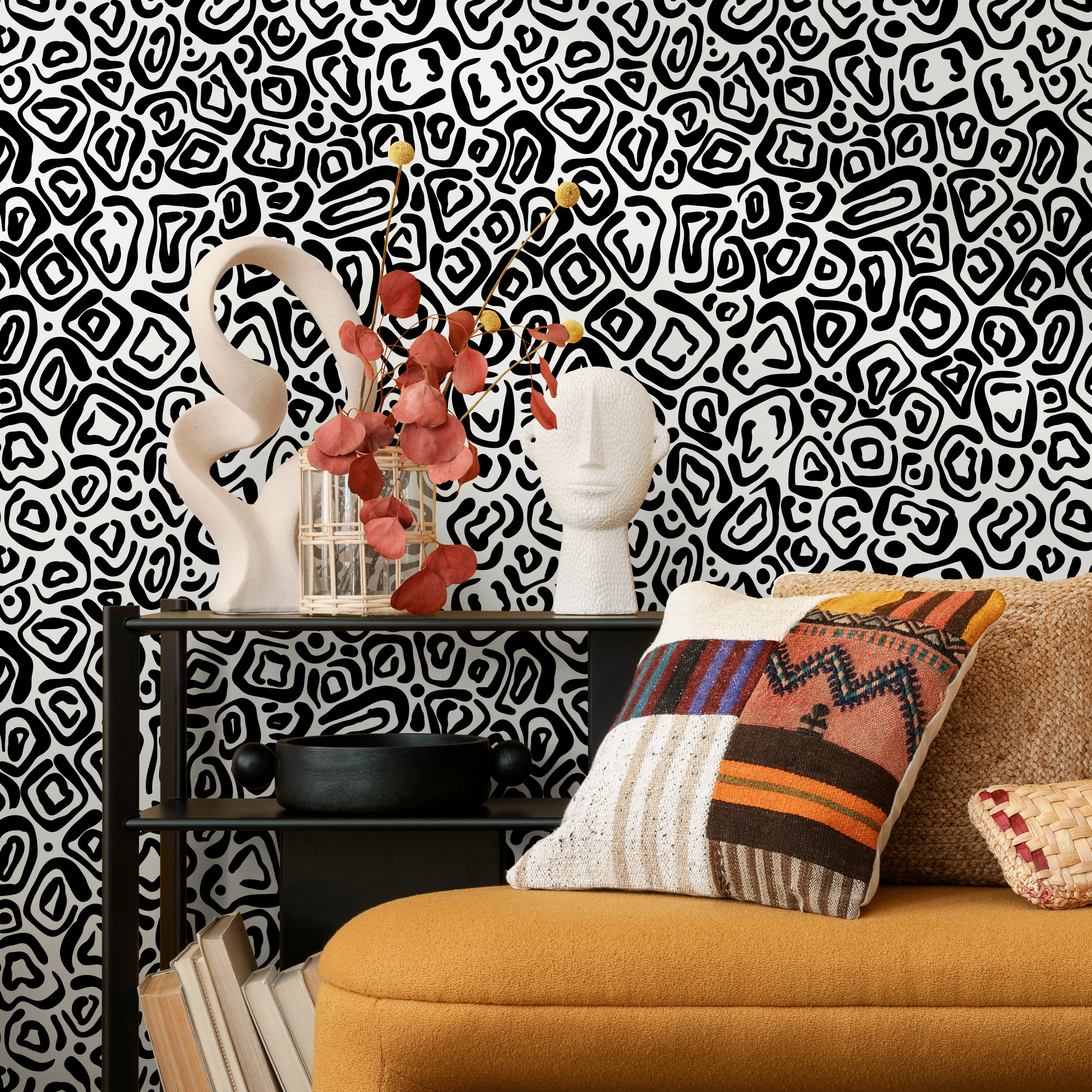 Abstract Wallpaper With An Organic Tribal Motif In Black And White - C314