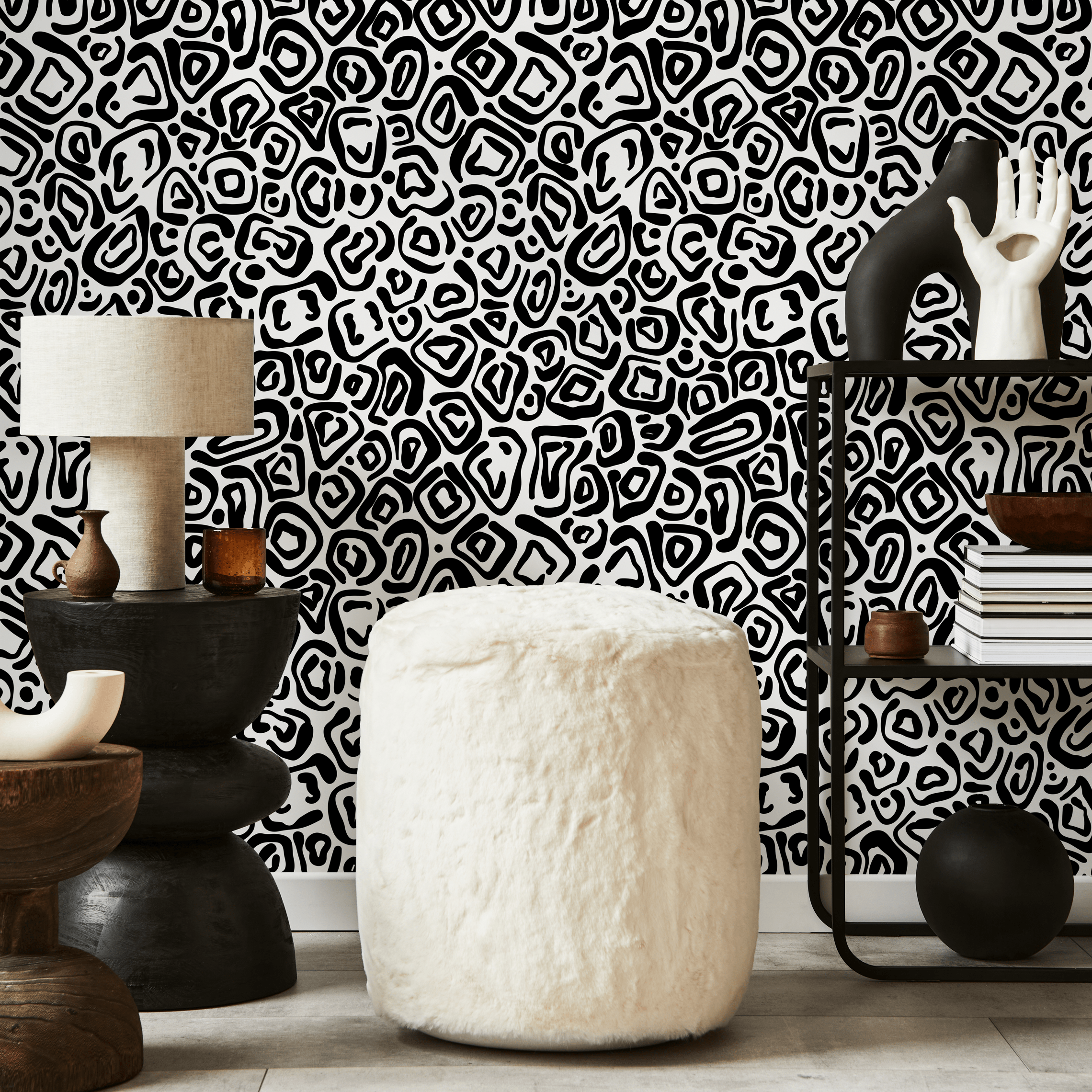 Abstract Wallpaper With An Organic Tribal Motif In Black And White - C314
