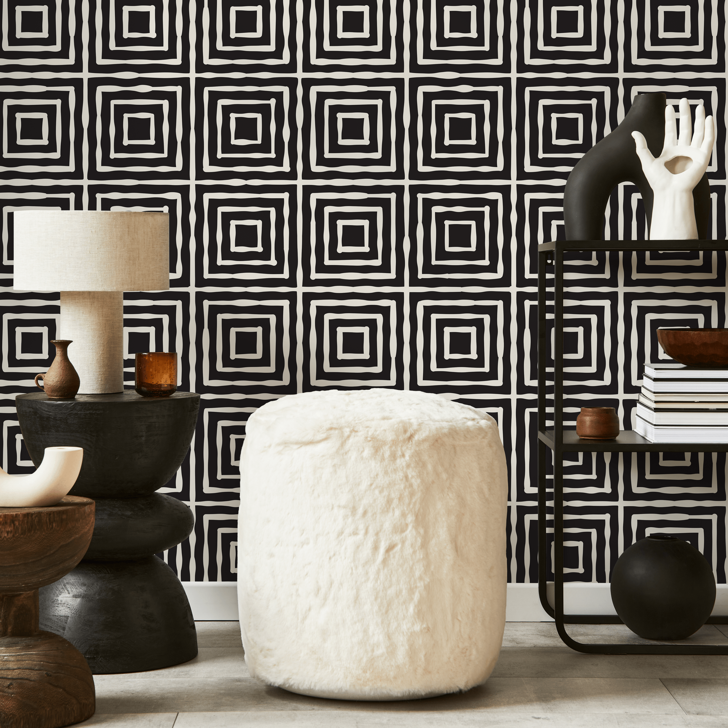 Geometric Wallpaper With Hand-drawn Squares In Black And White - C315