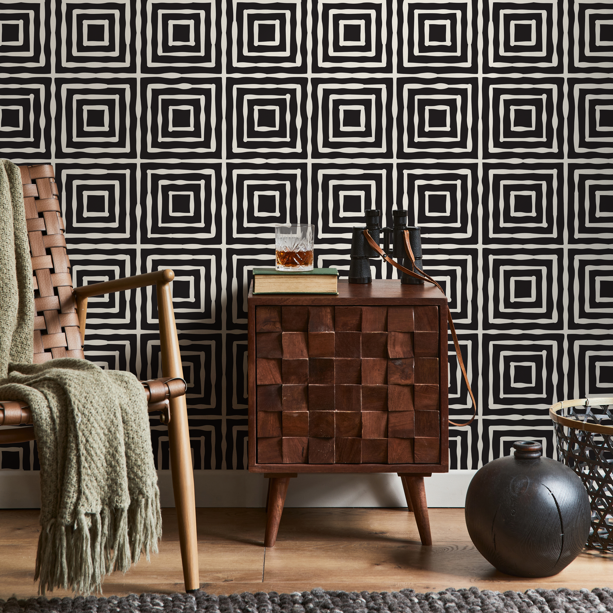 Geometric Wallpaper With Hand-drawn Squares In Black And White - C315