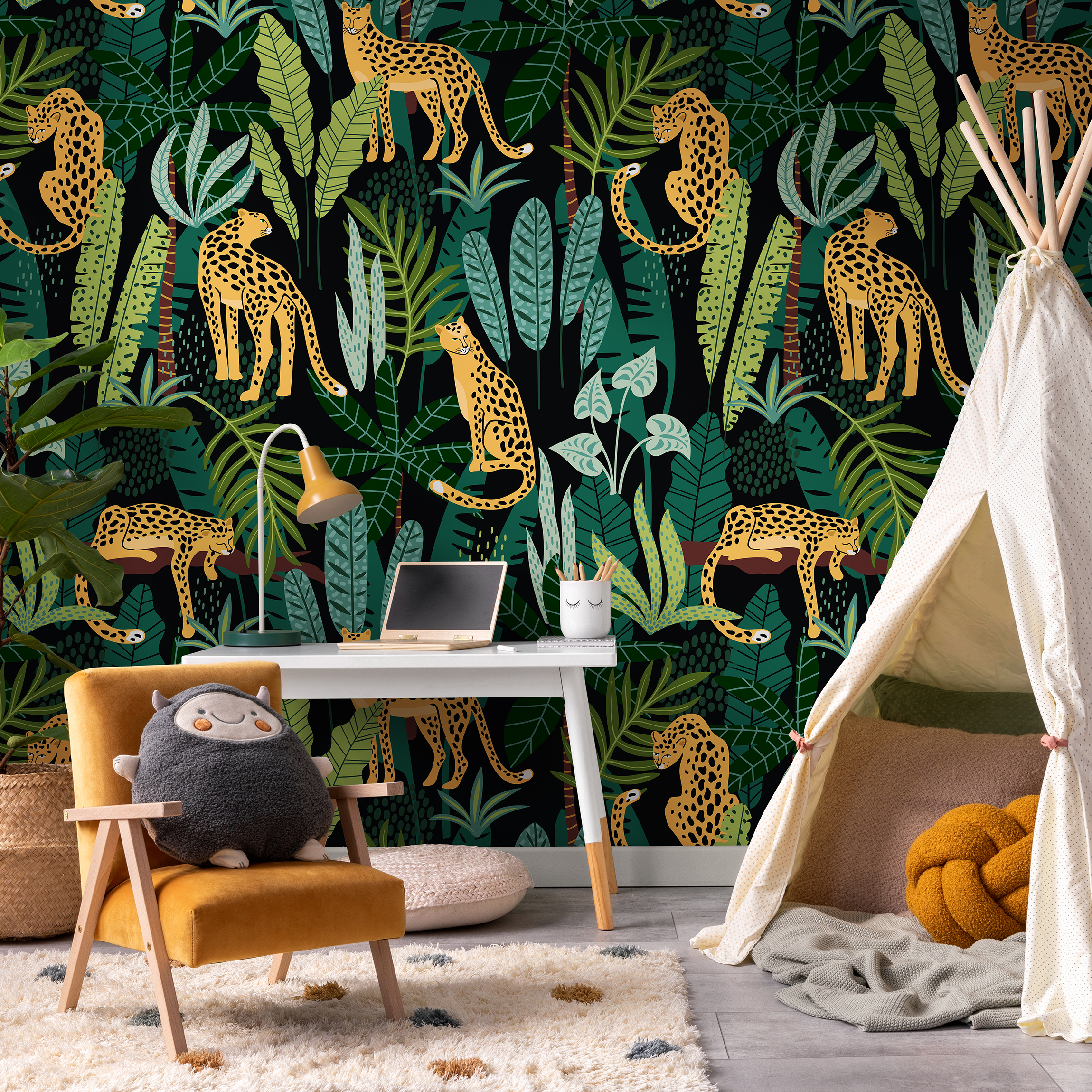 Tropical Wallpaper With Leopards In A Jungle In Black, Green, And Orange - C316