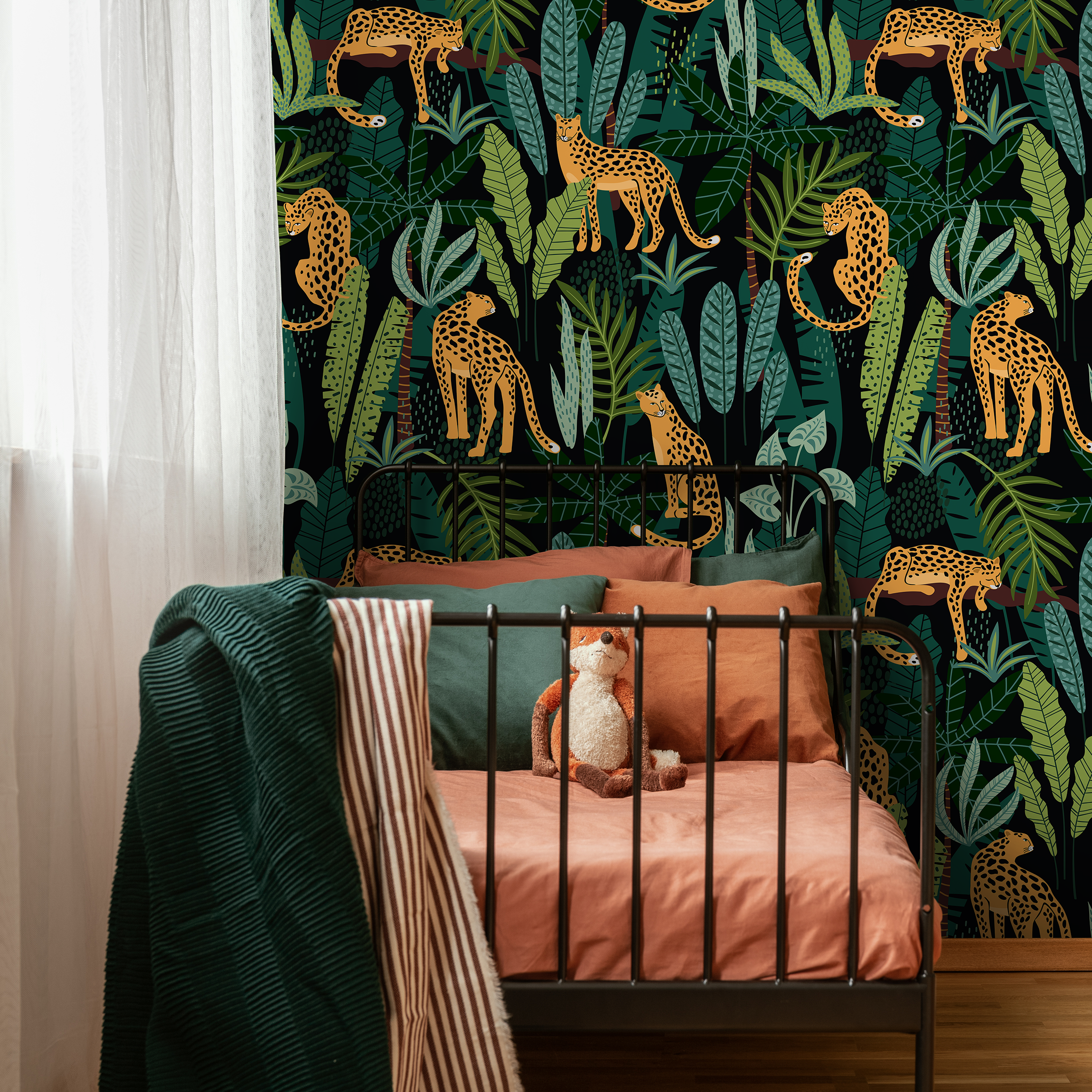 Tropical Wallpaper With Leopards In A Jungle In Black, Green, And Orange - C316