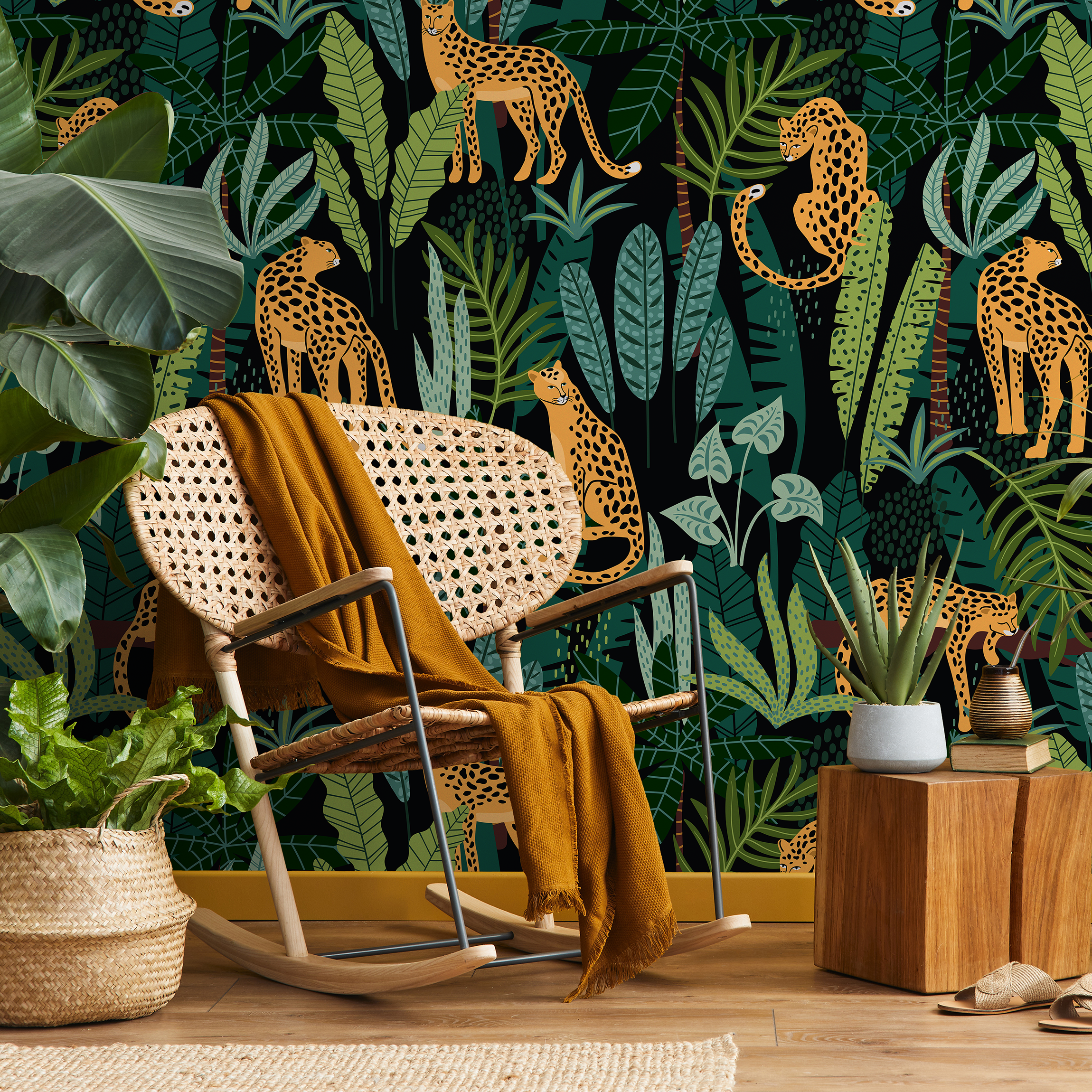 Tropical Wallpaper With Leopards In A Jungle In Black, Green, And Orange - C316