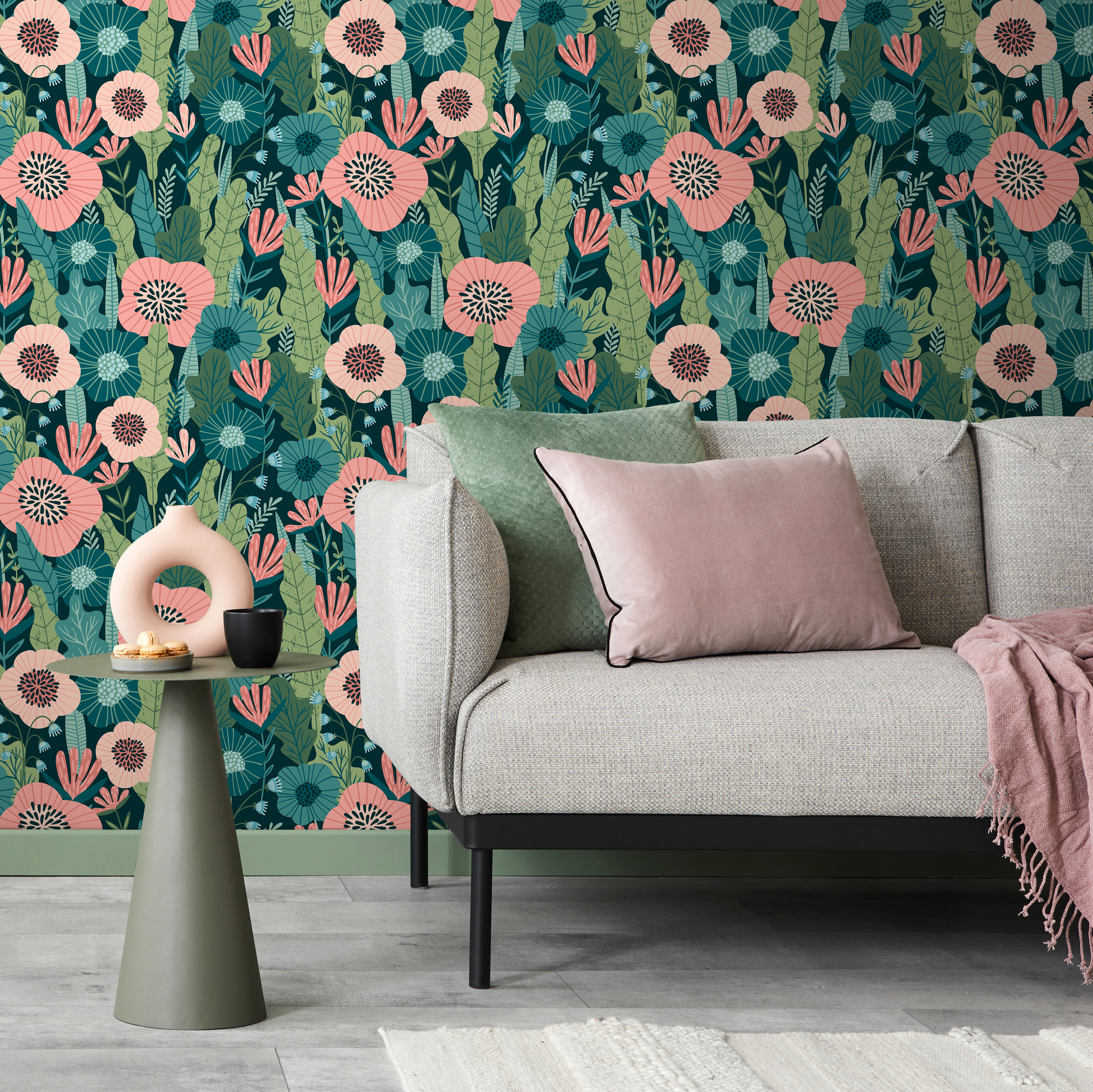 Botanical Wallpaper With Stylized Poppies In Pink, Green, And Teal - C318