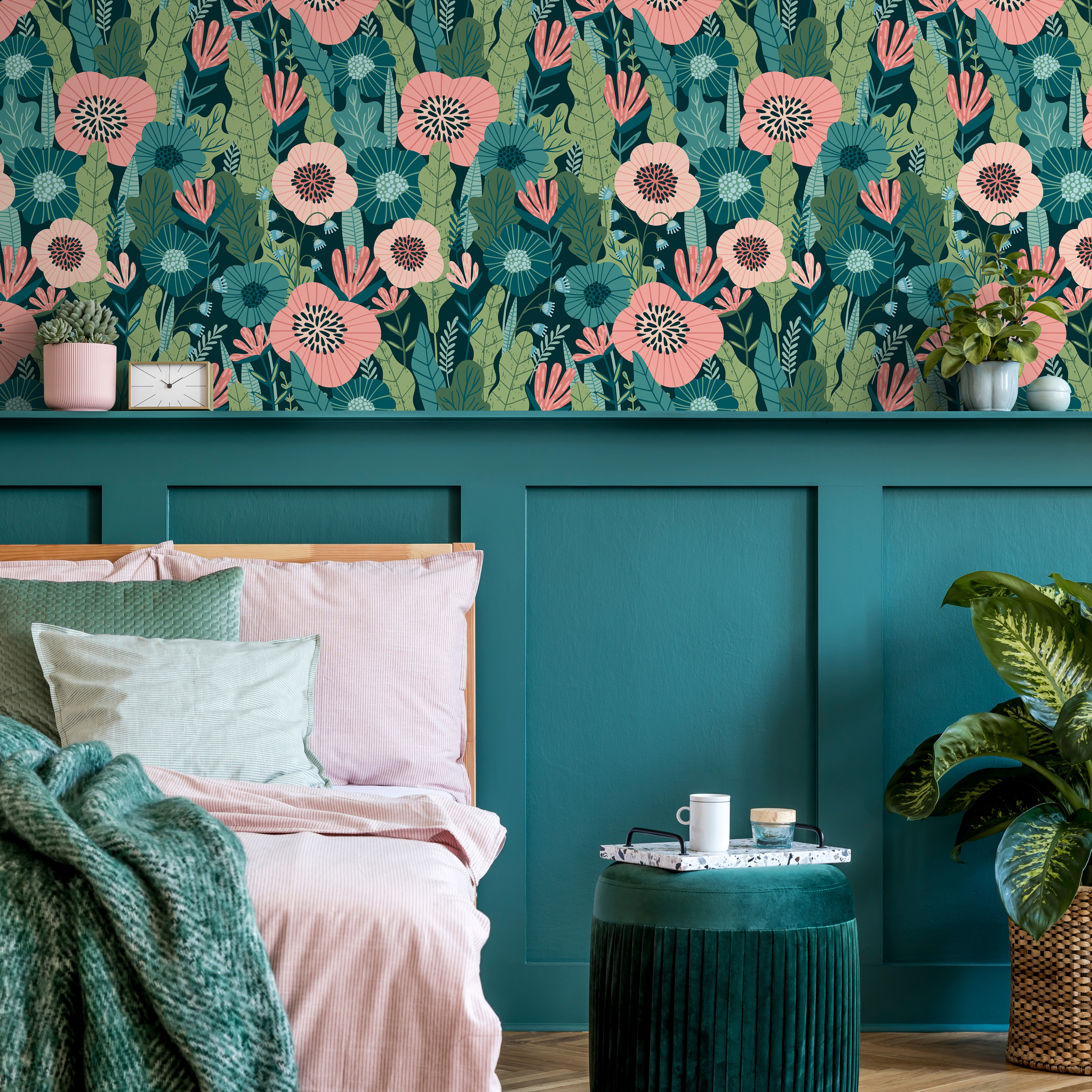 Botanical Wallpaper With Stylized Poppies In Pink, Green, And Teal - C318